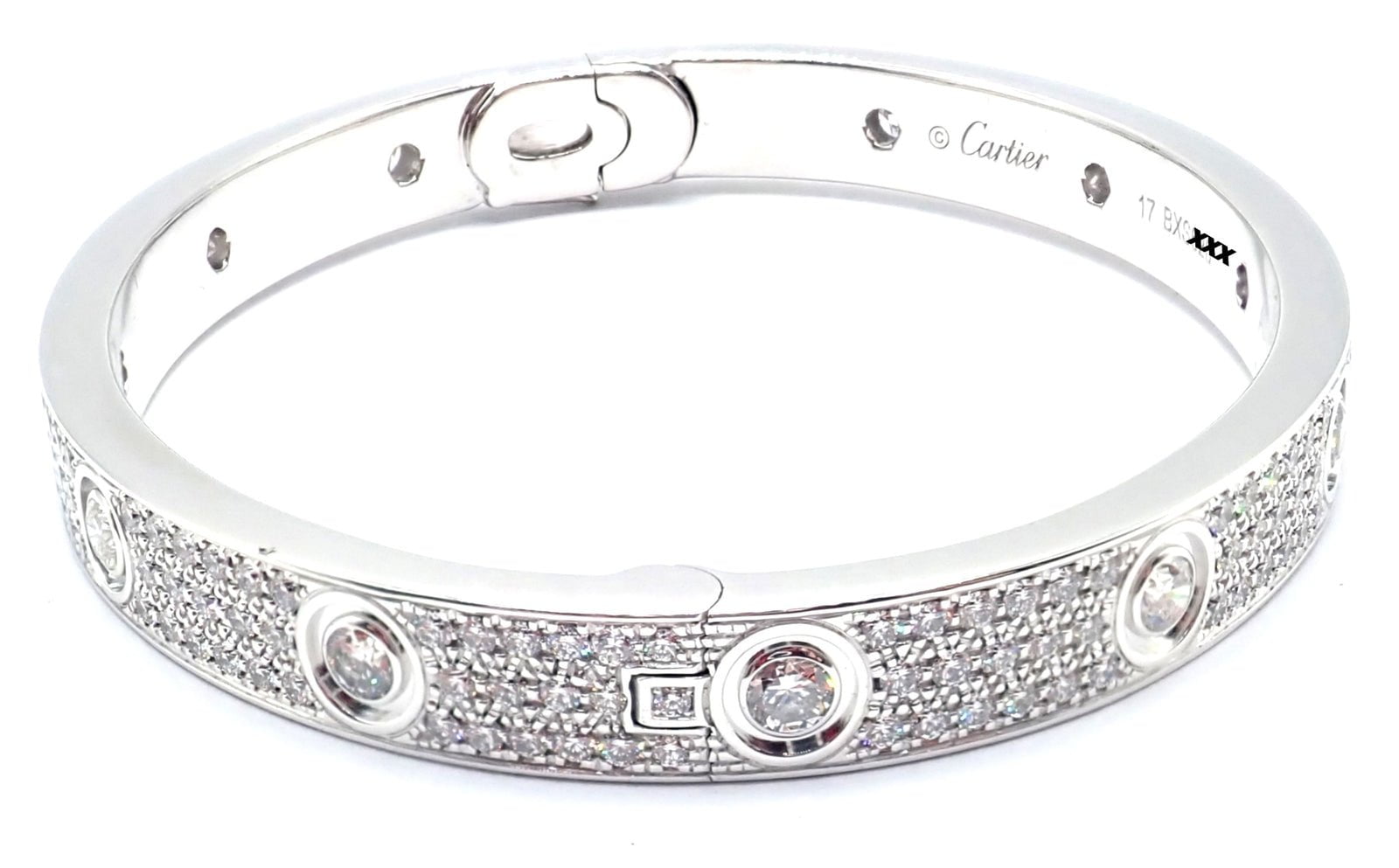 Authentic Cartier Love 18K White Gold Diamond Pave Bangle Bracelet Size 17 - Luxury Jewelry Gift for Women, Anniversary & Special Occasions