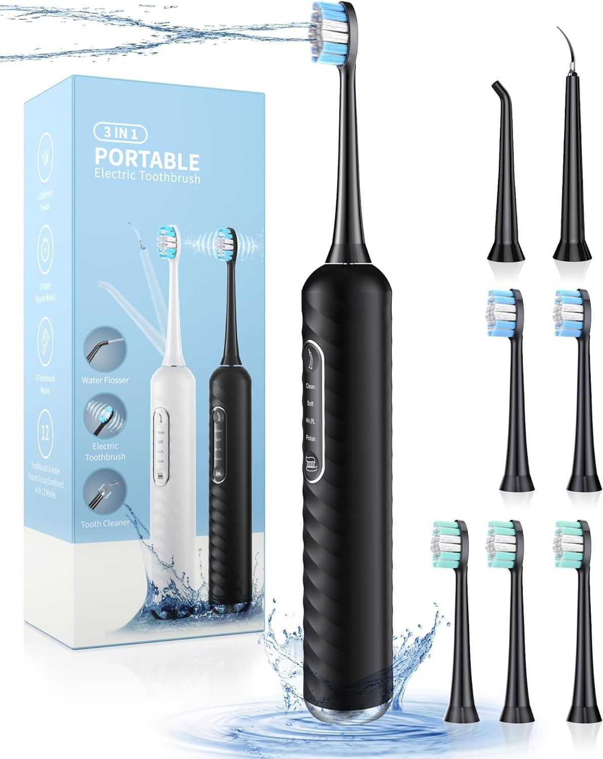 Premium 3-in-1 Electric Toothbrush with Water Flosser - 7 Cleaning Modes for Adults, Portable Dental Care Kit for Travel & Home Use (Black) | Perfect for Daily Oral Hygiene, Gifts & On-the-Go Dental Care