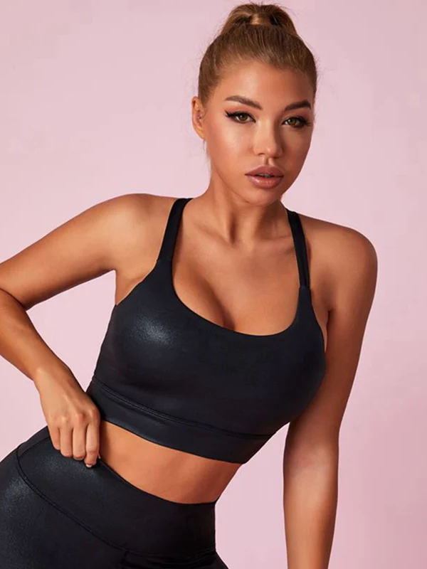 ZASUWA Women's Matte Leather Sports Bra - I-Shaped Support for Yoga, Running & Gym Workouts - High-Impact Workout Top for Active Lifestyles