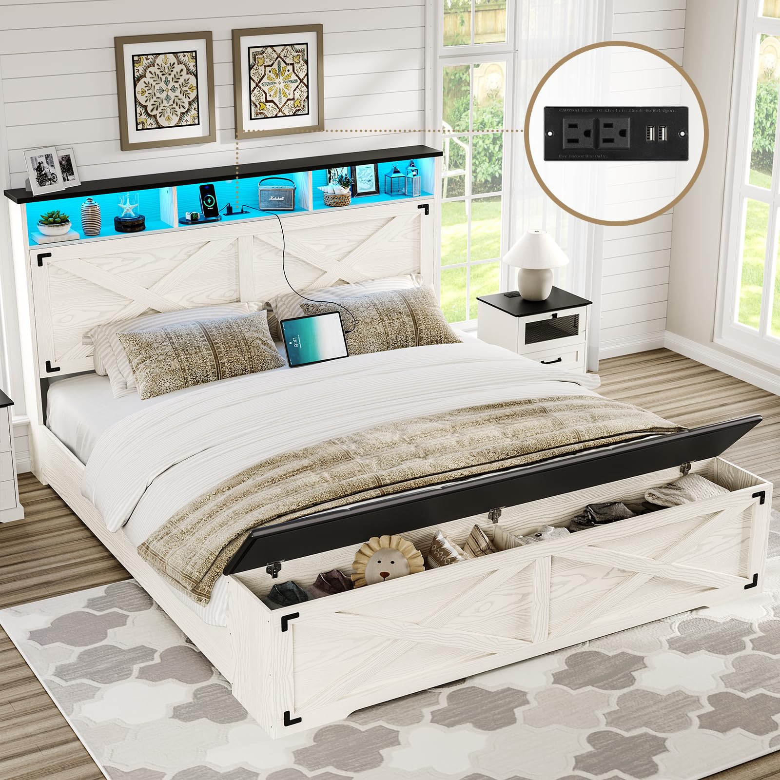 Farmhouse Queen Size Bed Frame with Storage Headboard & Ottoman - USB Charging Station, LED Lights, Metal Slats Support, No Box Spring Needed (Antique White) - Perfect for Small Bedrooms, Guest Rooms & Cozy Farmhouse Style Homes