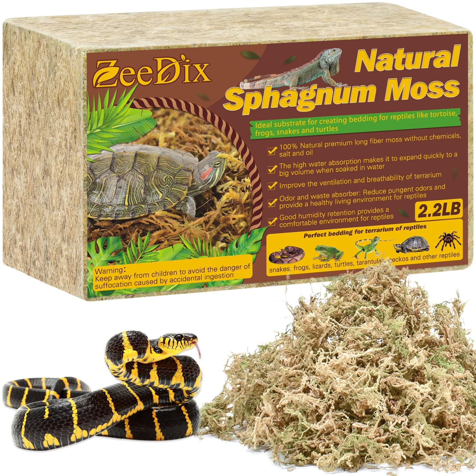 Premium 2.2LBS Sphagnum Moss for Reptiles - 50QT Long Fiber Dried Moss for Terrariums, Leopard Geckos, Frogs, Anoles, Snakes & Turtles | Natural Peat Moss Bedding for Reptile Habitats & Live Plants | Ideal for Moisture Retention & Nesting