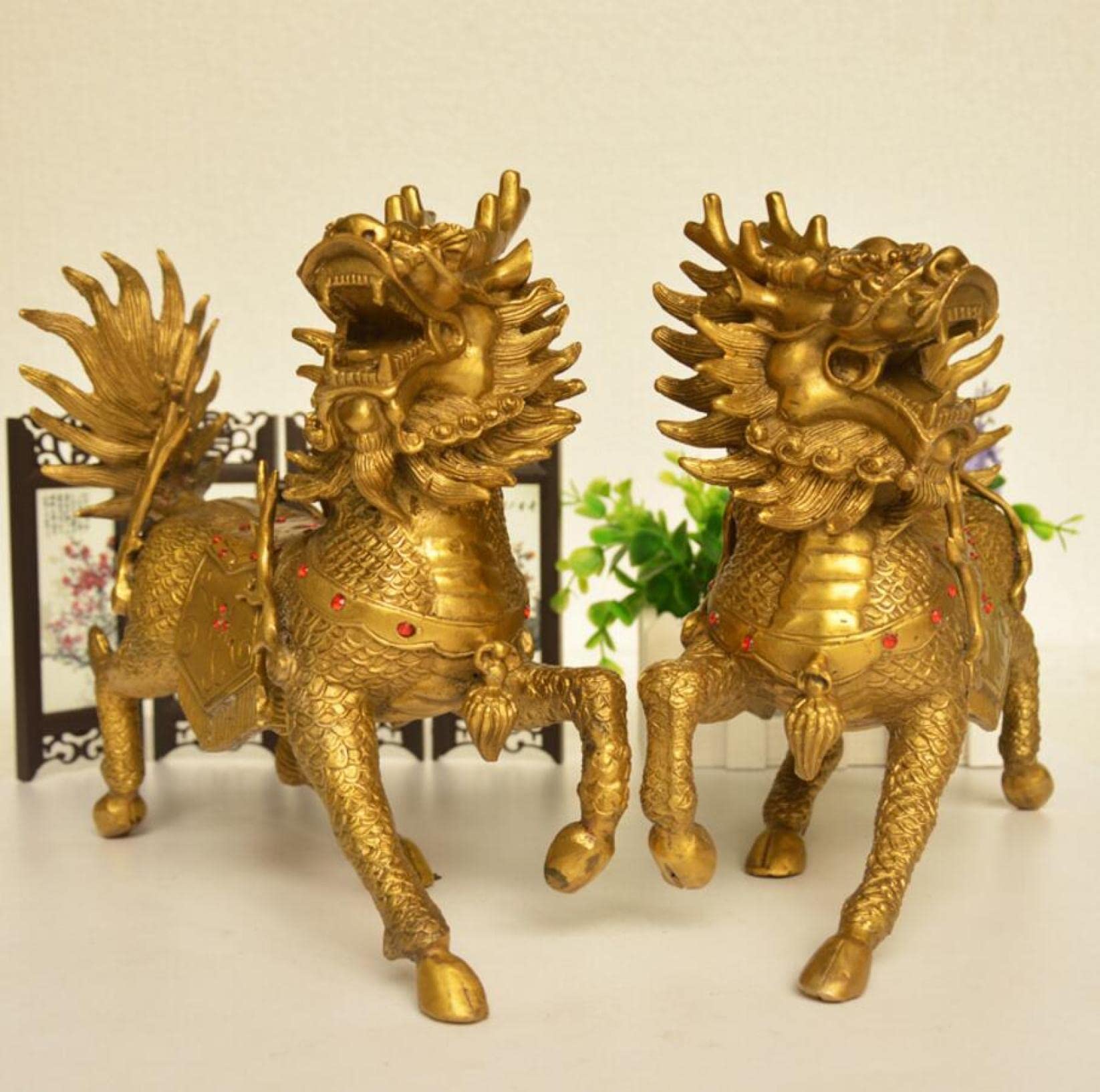 KKONION 2Pcs Copper Kirin Statue Ornaments - Handcrafted Chinese Mythical Creature Figurines for Home Office Decor, Feng Shui Gifts & Collectibles | Perfect for Living Room Display, Bookshelf Decor, and Spiritual Space Enhancement