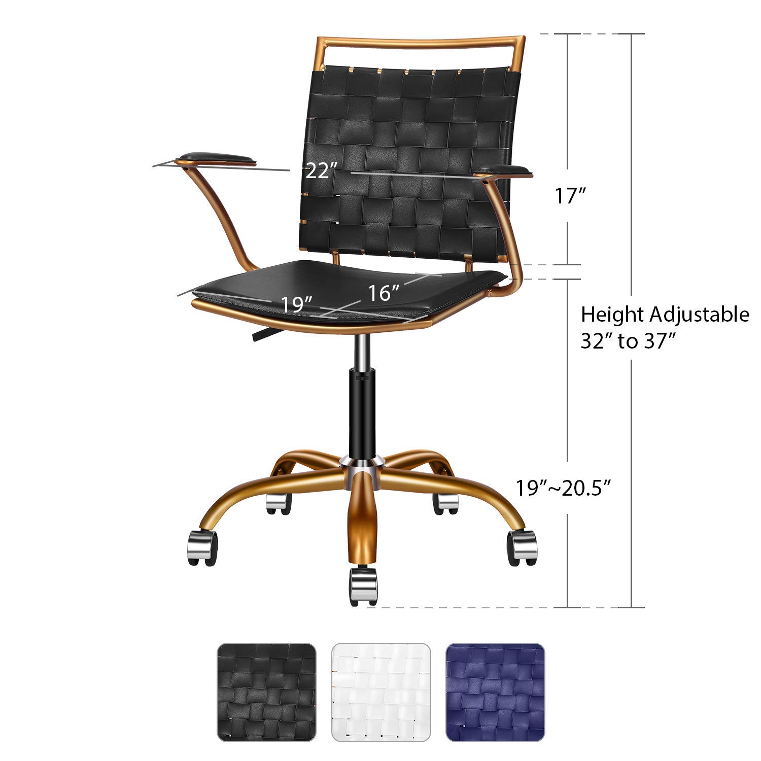 Ergonomic Office Chair with Vegan Leather - Black & Gold Swivel Desk Chair for Home & Reception, Extra Back & Lumbar Support | Perfect for Long Work Hours, Gaming & Conference Rooms