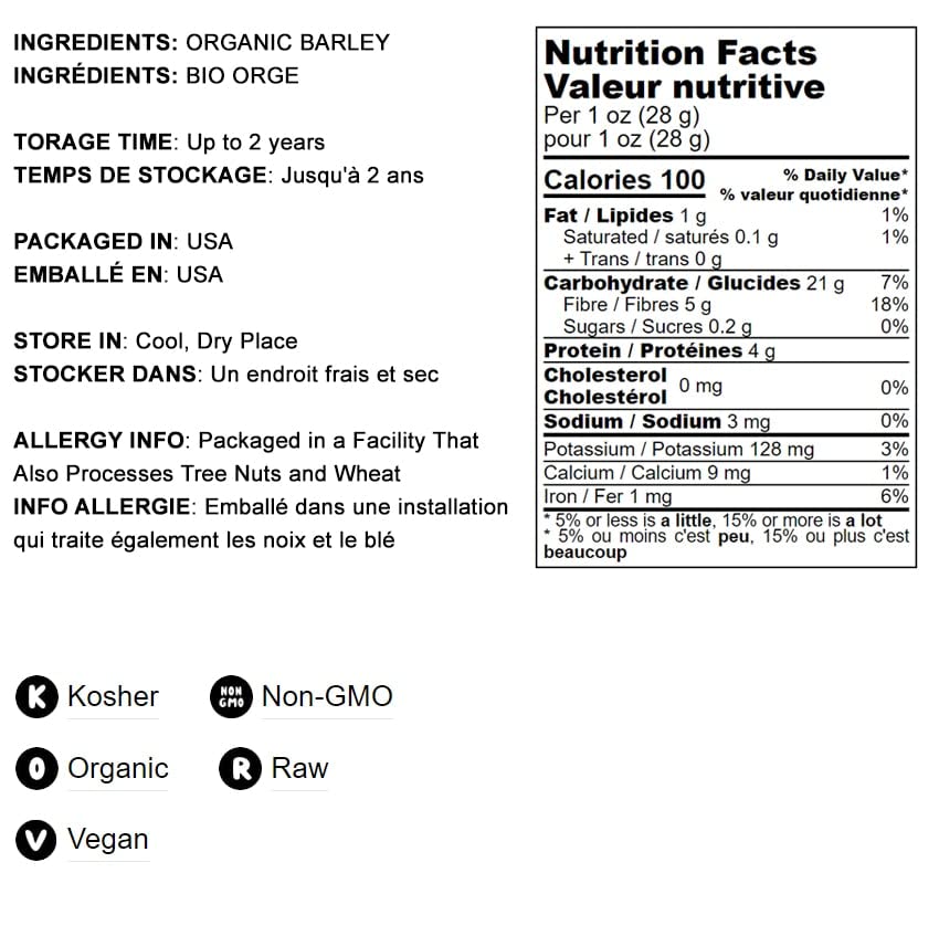 Organic Hulled Barley 25 lbs - Non-GMO, 100% Whole Grain, Kosher & Vegan Bulk Barley - High Fiber Superfood for Home Brewing, Grinding, Chili, Hot Cereal, Salads & Soup - Made in USA - Perfect for Healthy Cooking, Baking & Meal Prep