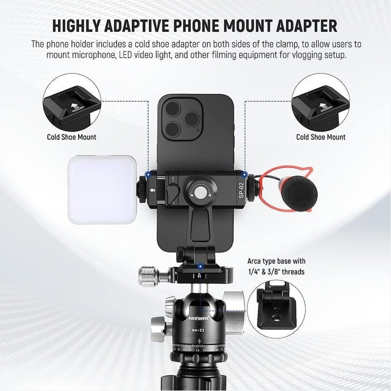 Neewer SP 02 Smartphone Tripod Mount Adapter with Arca QR Base - Universal Phone Holder for DSLR Tripods, Perfect for Vlogging, Live Streaming & Photography