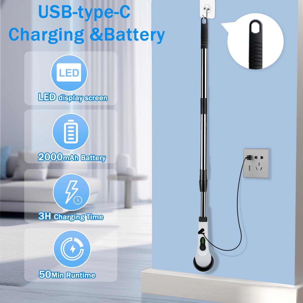 Electric Spin Scrubber - Cordless Cleaning Brush with 9 Replaceable Heads & 2 Speed Settings | Adjustable Handle for Bathroom, Kitchen, Tile, Grout | Perfect for Shower Cleaning, Sink Scrubbing, Bathtub Maintenance
