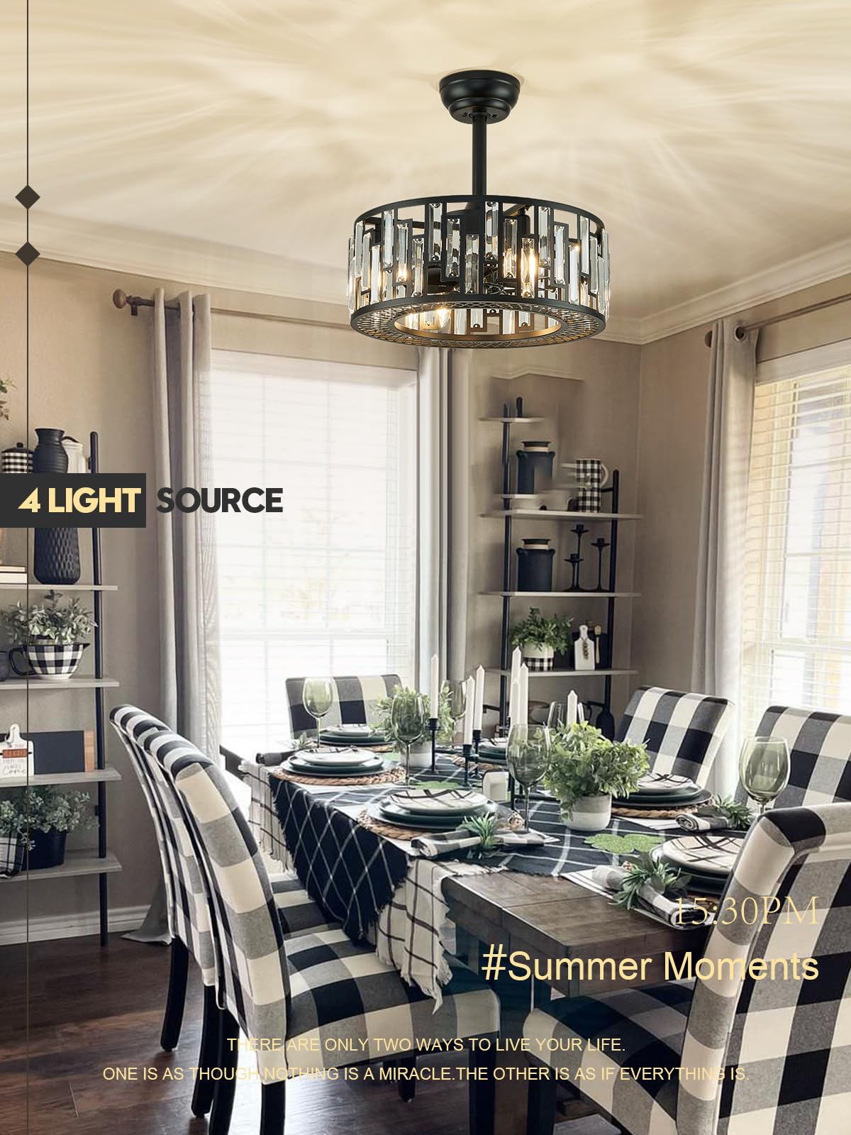 Modern Black Bladeless Ceiling Fan with Crystal Cage & Remote Control - Energy Efficient Fandelier Lighting for Bedroom, Dining Room, Kitchen & Living Room | Stylish Cooling & Decorative Home Solution