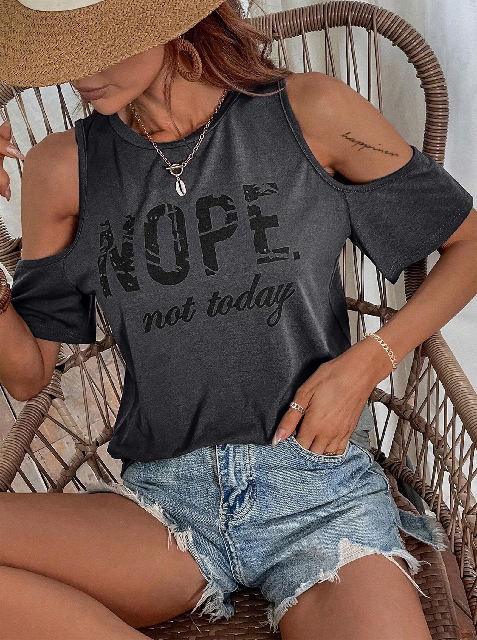 Hilinker Women's Vintage Graphic Cold Shoulder Tops - Short Sleeve Summer T-Shirts for Casual Outings, Beach Wear & Street Style Fashion