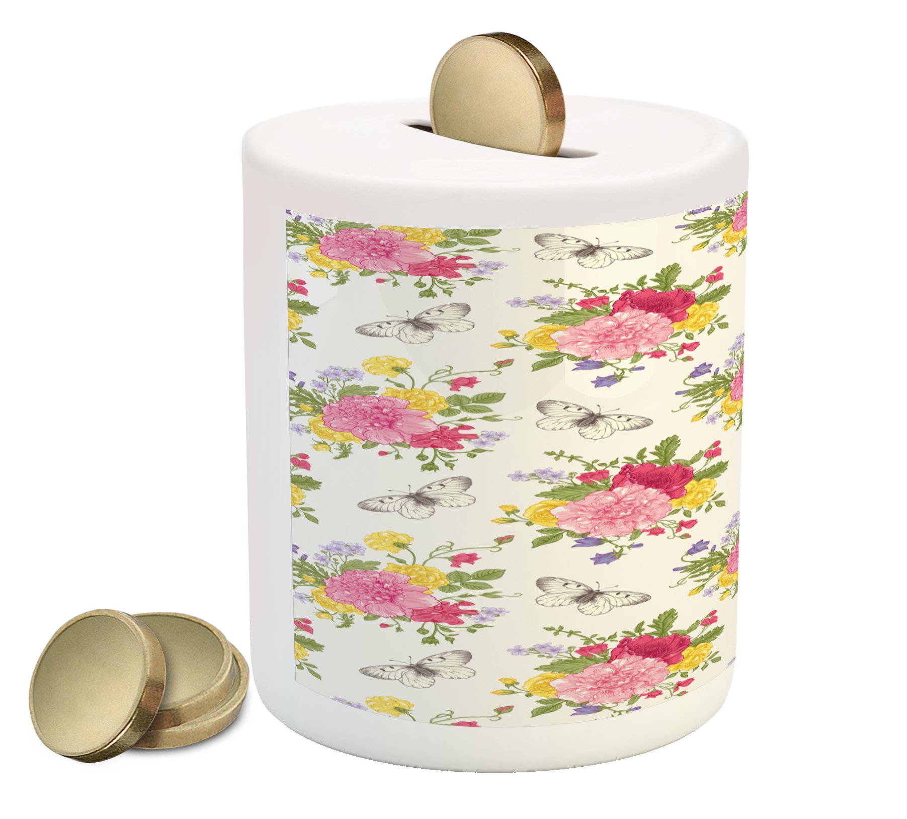 Ambesonne Shabby Floral Ceramic Piggy Bank - Colorful Peonies Roses Peas Bouquet with Butterflies Design for Cash Saving | Home Decor, Gift Idea for Kids & Adults, Perfect for Bedroom, Office, or Nursery