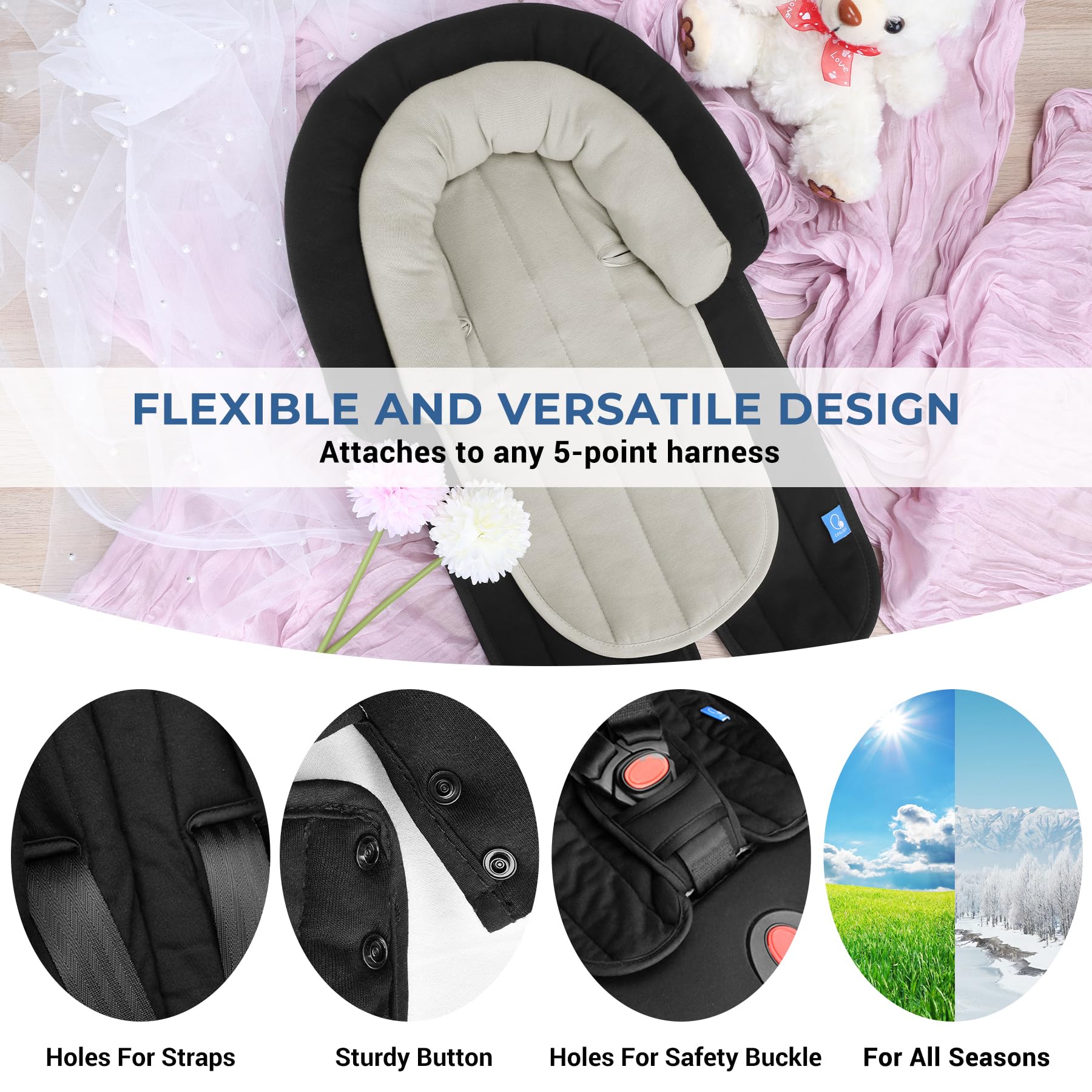 COOLBEBE Upgraded Baby Body Support & Strap Covers Set - Ultra Soft Breathable Car Seat Insert Cushion for Newborns & Toddlers | Perfect for Car Seats, Strollers, Swings & Baby Carriers | Black | Safe & Comfortable for Travel & Daily Use