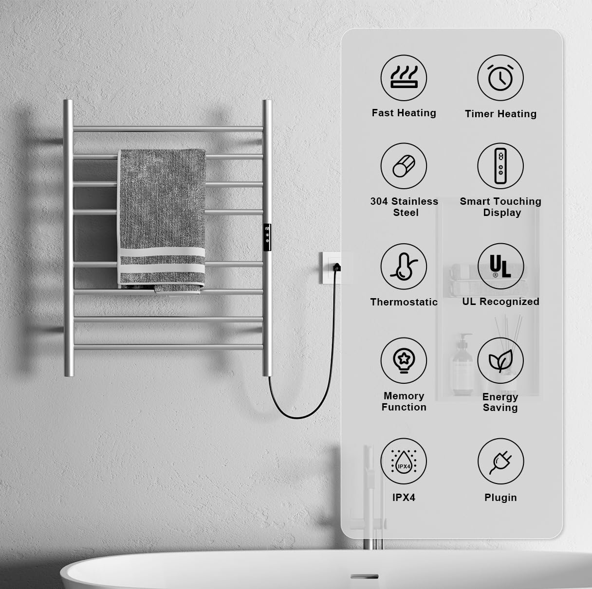 QAOYEDE 8-Bar Heated Towel Rack - Wall Mounted Bathroom Towel Warmer with Adjustable Timer & Temperature Control, Brushed Nickel Finish - Perfect for Spa-Like Luxury & Quick Drying (Plug-in Electric Design)