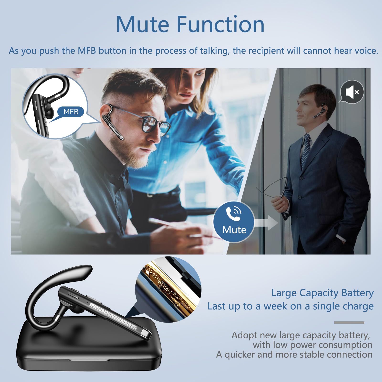 Wireless Bluetooth Headset with Noise Cancelling Mic - Hands-Free Trucker Headset for Office, Phone Calls & Driving - Compatible with iPhone & Android (Perfect for Business, Commuting & Remote Work)
