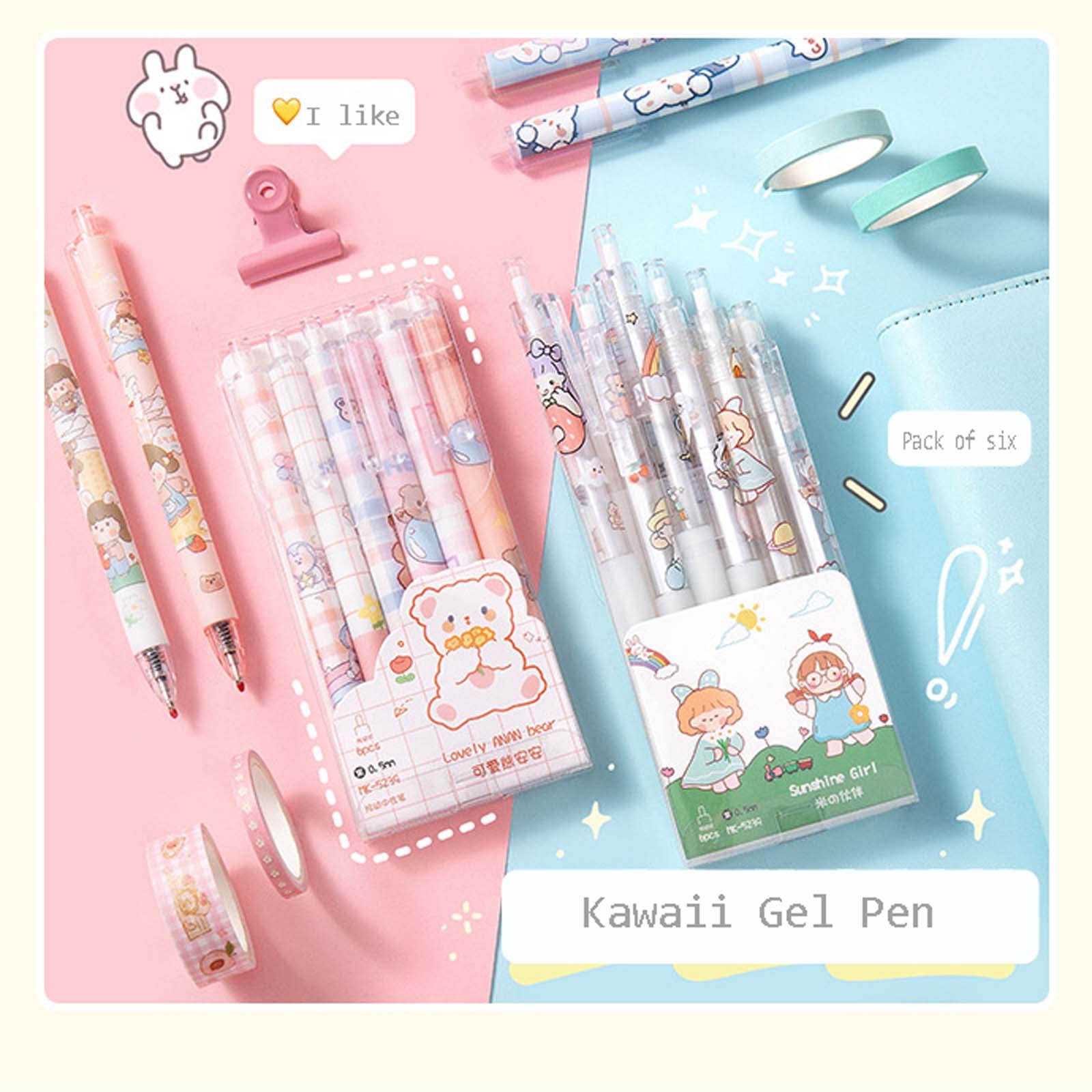 Kawaii Cartoon Gel Pen 0.5mm - 6 Pack Black Writing Pens for School & Office