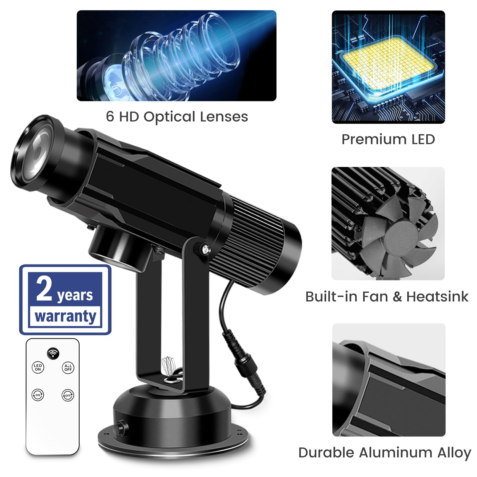 30W HD LED GOBO Projector with Dual Cooling System - Business Logo & DJ Effect Light with Free Glass Lens & Remote Control - Indoor Rotational Projector for Events, Clubs, and Advertising Displays