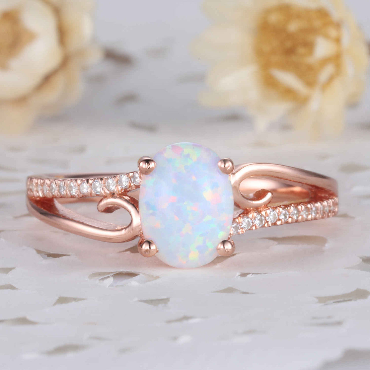 Vintage Art Deco Opal Engagement Ring in Rose Gold - Solitaire Wedding Band for Women, Perfect for Proposals, Anniversaries & Special Occasions