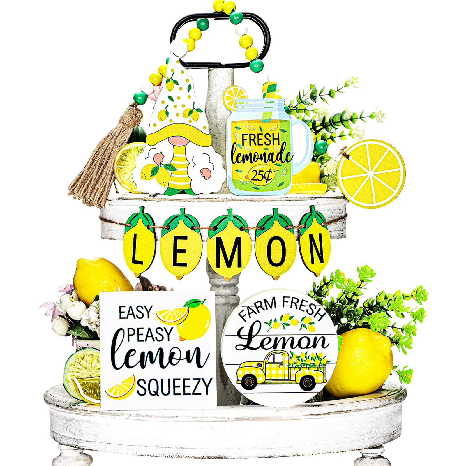 10 Pcs Summer Farmhouse Wood Tiered Tray Decor Set - Lemon Watermelon Strawberry Sunflower Kitchen Standing Sign with Bead Garland Banner for Home, Party, Wedding & Seasonal Decor (Lemon Theme) - Perfect for Kitchen Counter, Dining Table, Mantel & Entryway Display