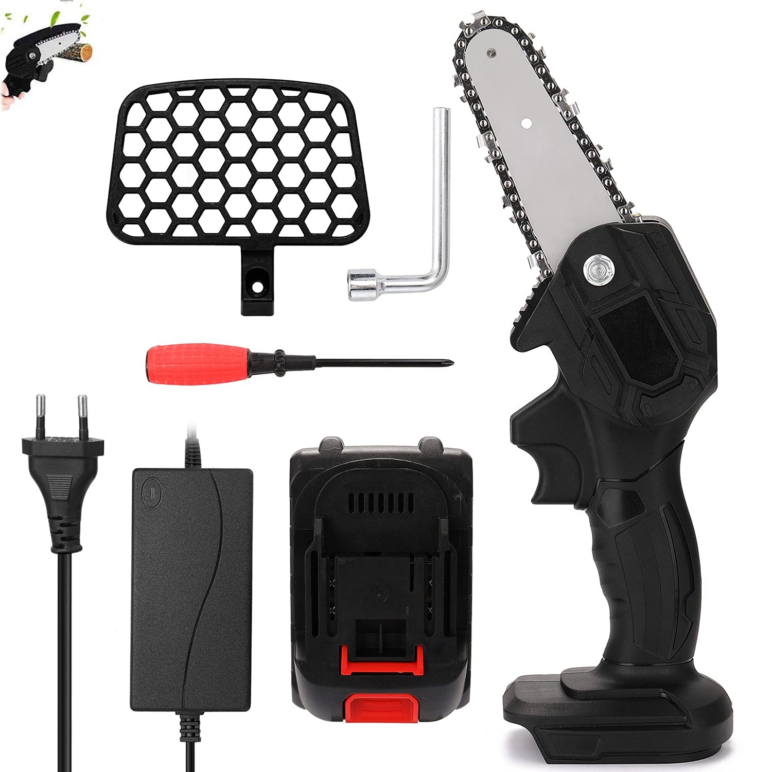 PPGE 4-Inch 21V Cordless Mini Chainsaw - Rechargeable Handheld Pruning Shears with Baffle for Tree Branch Cutting, Wood Trimming & Fruit Tree Pruning | Portable Electric Chainsaw for Gardening, Landscaping & DIY Projects (Black)