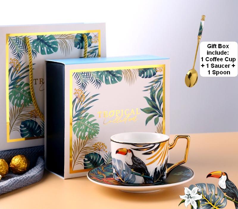 Premium Porcelain Coffee Cups with Gold Trim - Elegant Tea Cups and Saucers Set in Jungle Animal Design, Includes Gift Box for Perfect Gifting - Ideal for Home, Office, and Cafe Use