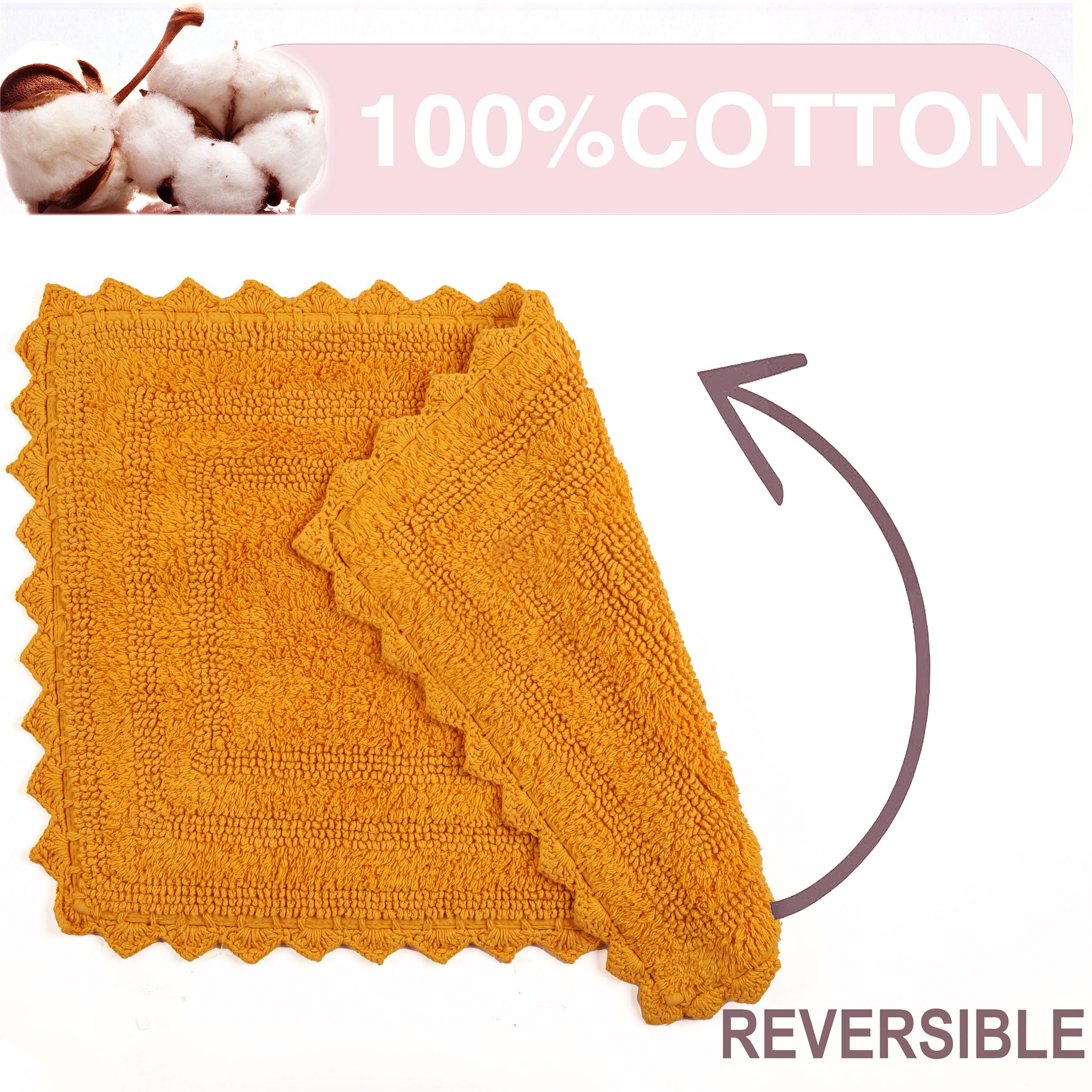 TreeWool 2-Pack Soft Reversible Cotton Bath Mat with Crochet Border - Absorbent Non-Slip Bathroom Rug (19