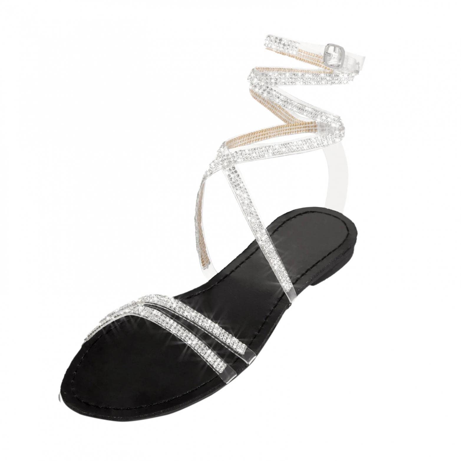 Women's Rhinestone Glitter Beach Sandals - Bling Criss Cross Strap Open Toe Slingback Flat Sandals for Ladies | Perfect for Summer Vacations, Pool Parties & Casual Outings
