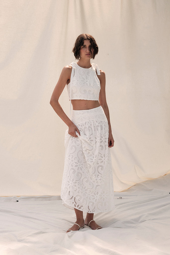Saylor Marleigh Eyelet Midi Skirt Set - White Floral Summer Skirt for Women | Perfect for Beach Vacations, Brunch Dates & Boho Outfits