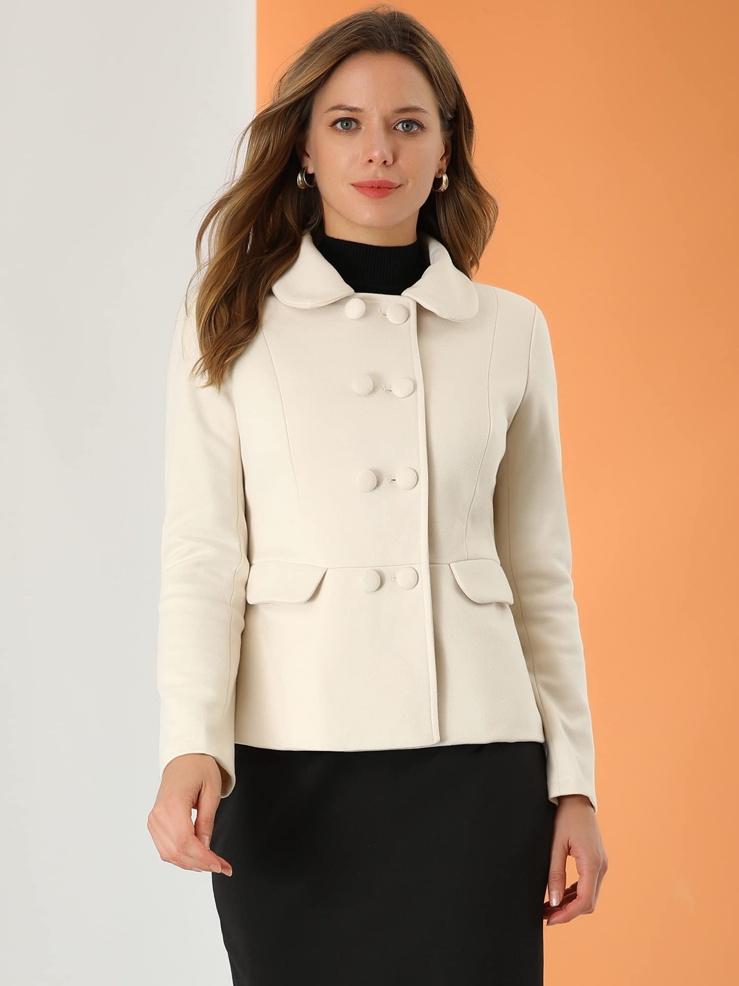 Allegra K Women's Peter Pan Collar Double Breasted Peacoat Short Coat - Stylish Winter Jacket for Office, Dating & Casual Outfits