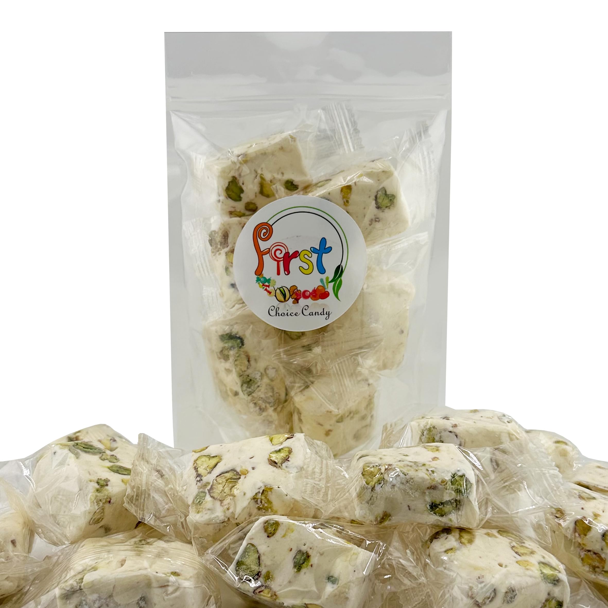 Soft White Pistachio Nougat Candy - 2 Lb Bag of Individually Wrapped Divinity Nougat with Pistachios | Perfect for Gifts, Parties & Holiday Treats