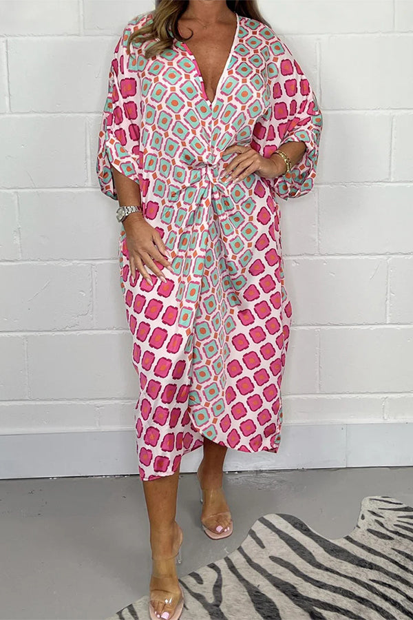 Stylish Printed V-Neck Loose Knot Midi Dress for Women - Boho Flowy Summer Dress for Beach, Vacation & Casual Outings