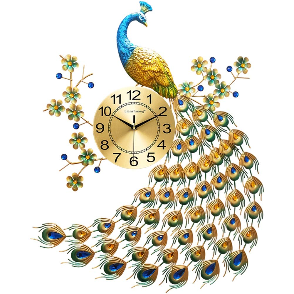 Elegant Peacock Wall Clock - 30x26 Inch Silent Non-Ticking Metal Wall Clock for Living Room & Bedroom Decor - Vintage Home Office Decoration - Perfect for Farmhouse, Boho & Modern Interior Design
