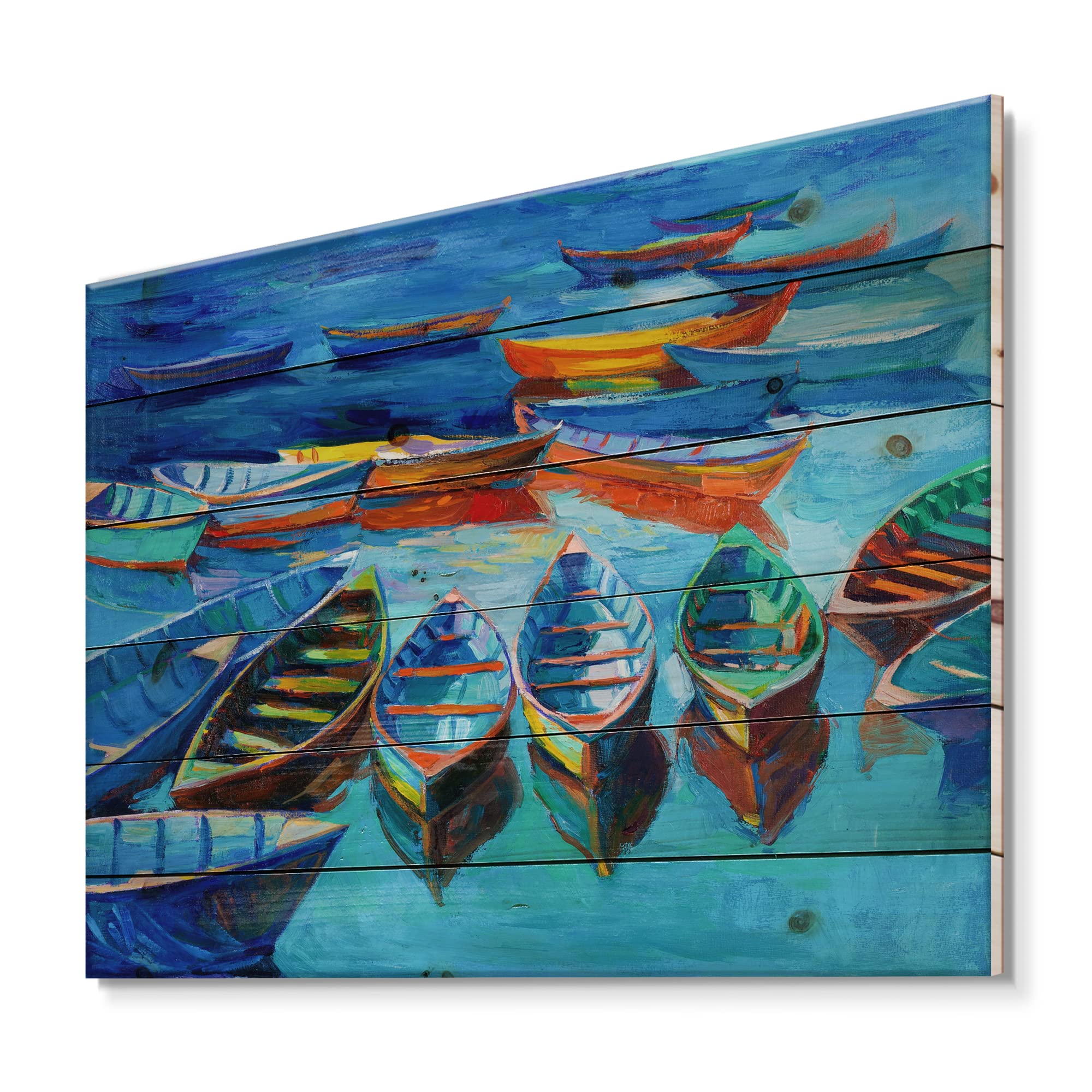 DesignQ Little Boats Waiting in the Harbor - Nautical & Coastal Wood Wall Decor, Blue Wood Wall Art, Large Transportation Wood Panels Printed on Natural Pine - Perfect for Beach House, Living Room, or Office Decoration