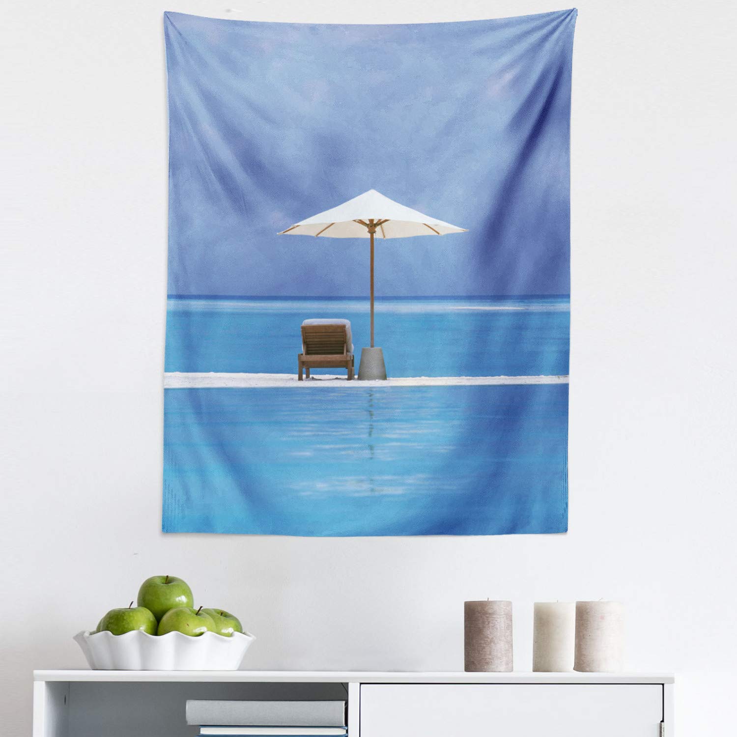Ambesonne Coastal Tapestry - Ocean Seascape Wall Art with Beach Chairs & Umbrella Island Design, Blue & Beige Fabric Wall Hanging Decor for Bedroom, Living Room, Dorm (23