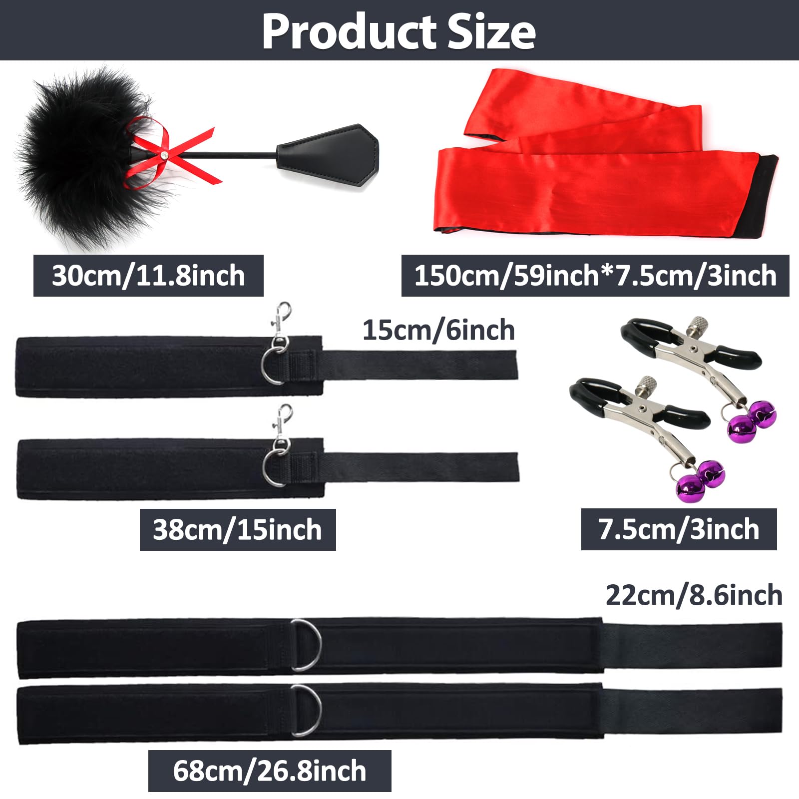 BDSM Bondage Wrist & Thigh Cuffs Set - Adjustable Restraints with Feather Tickler, Nipple Clamps & Blindfold - Adult Couples SM Toys for Men & Women - Perfect for Spicing Up Your Bedroom Play & BDSM Exploration