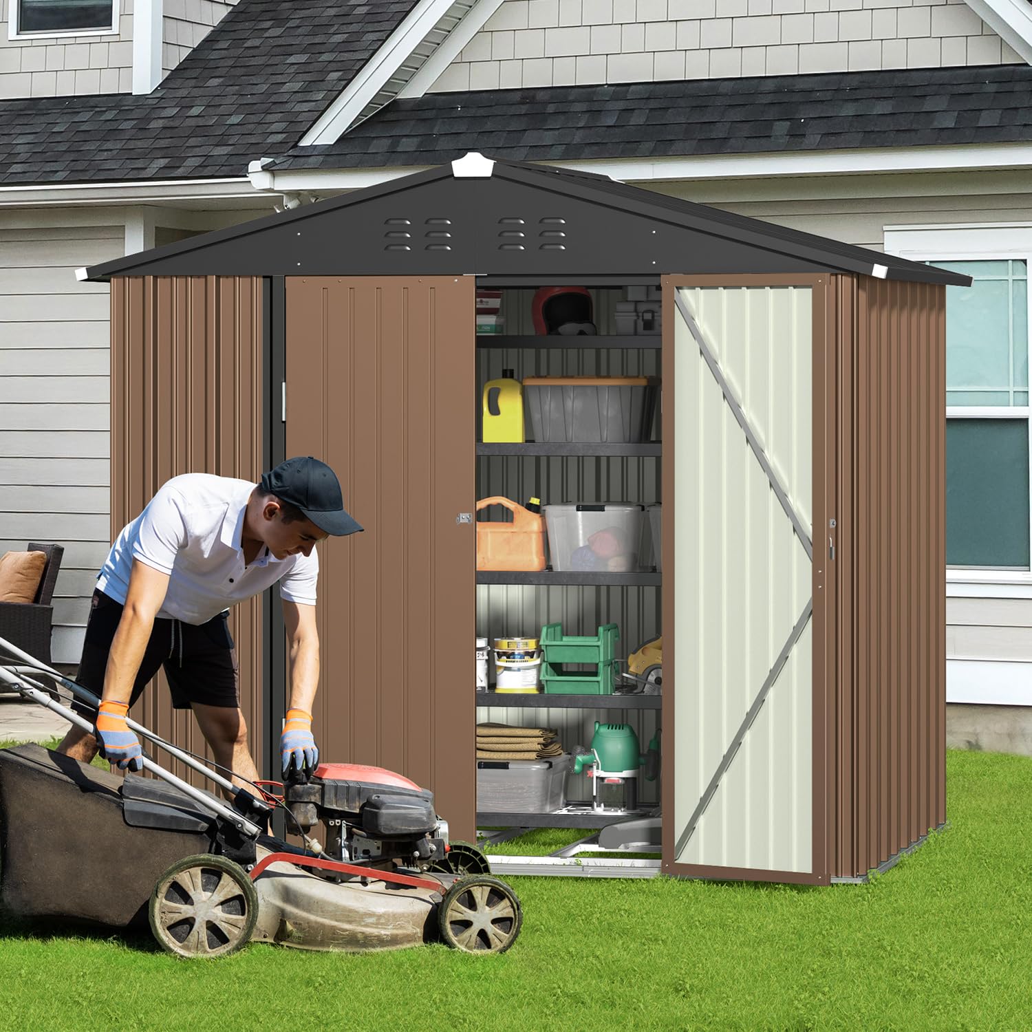 Gizoon 8x6 FT Galvanized Metal Outdoor Storage Shed - Double Lockable Doors, Weather-Resistant Garden Shed for Backyard, Patio & Lawn (Light Brown) | Perfect for Storing Tools, Equipment & Seasonal Items