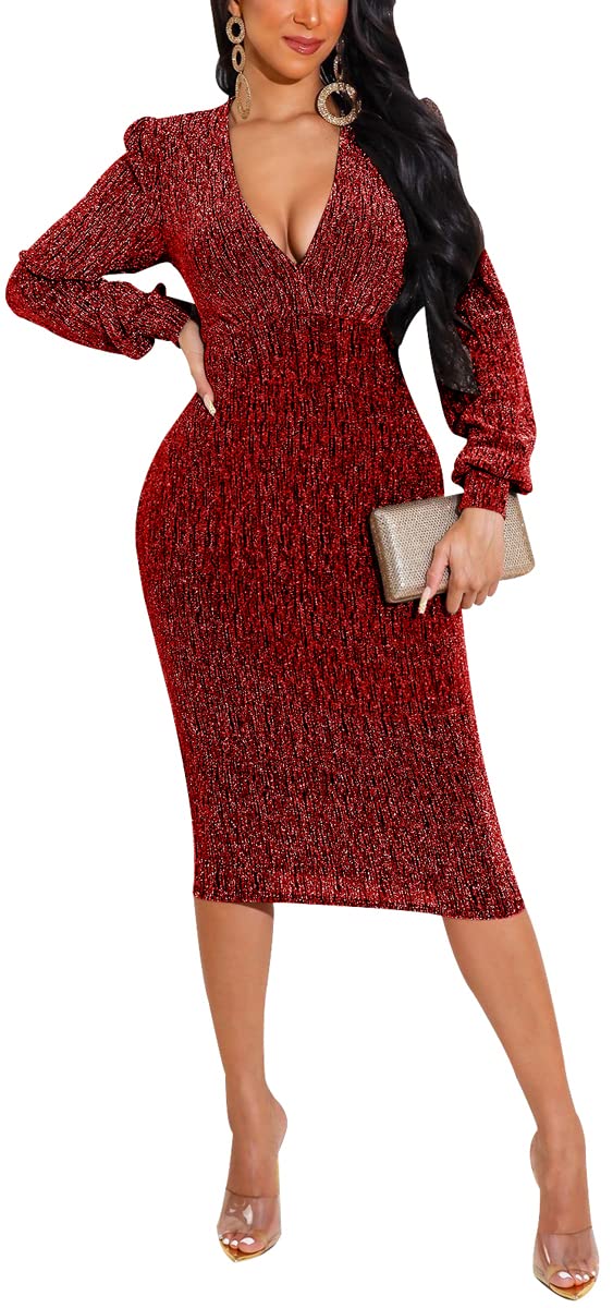 Sparkly Sequin Cocktail Dress for Women - Long Sleeve Glitter Party Dress, Elegant Midi Clubwear for Night Out, Holiday Parties & Special Occasions
