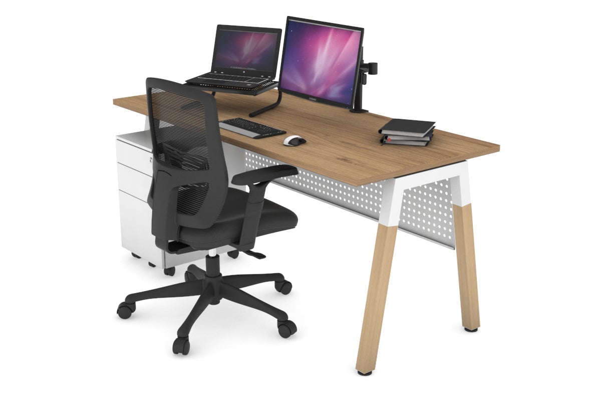 Quadro A Legs Office Desk with Wooden Legs & Cross Beam [1400L x 700W] - Sturdy Modern Workstation for Home Office, Study Room or Workspace