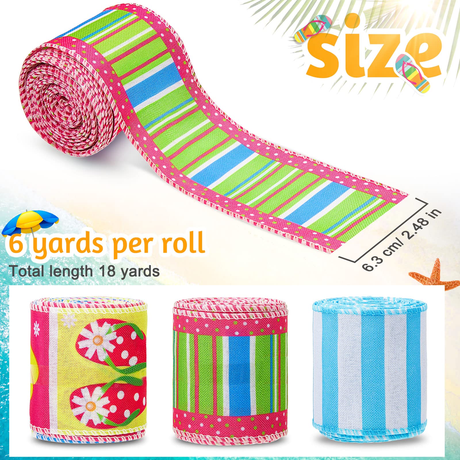 3 Rolls 18yds Summer Wired Ribbon - Polka Dot Stripe for Wreaths & DIY Crafts