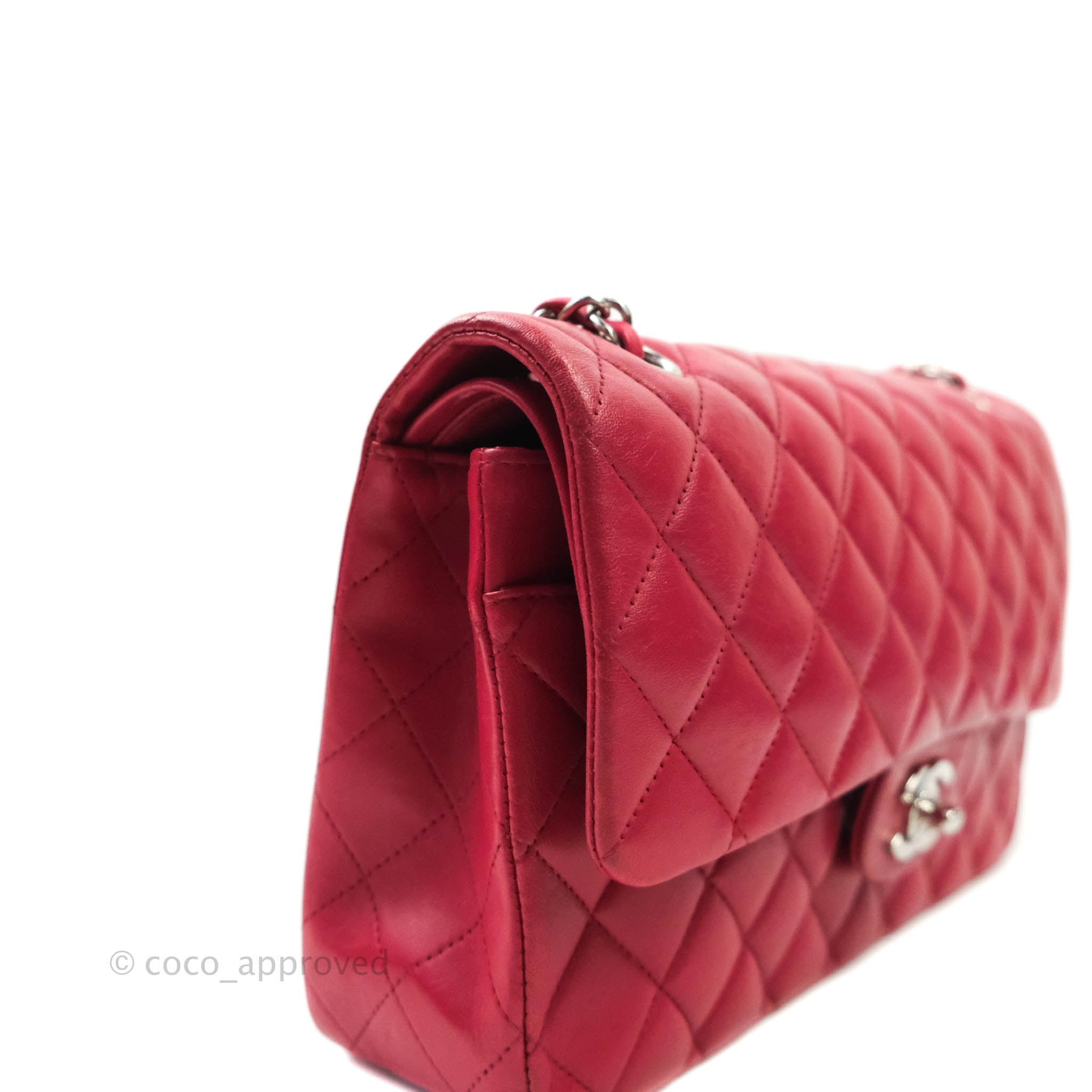 Chanel Classic Medium Double Flap Bag - Red Lambskin Leather with Silver Hardware | Luxury Handbag for Women, Perfect for Parties & Evening Events
