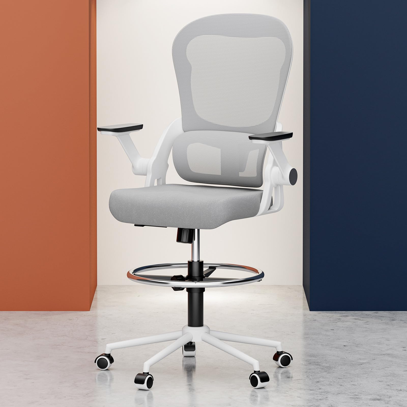 Frylr Drafting Chair - Adjustable Height Ergonomic Office Chair with Lumbar Support for Standing Desks, 400 lbs Capacity Heavy Duty Counter Height Seat (Grey) - Perfect for Architects, Artists & Home Office Workspaces