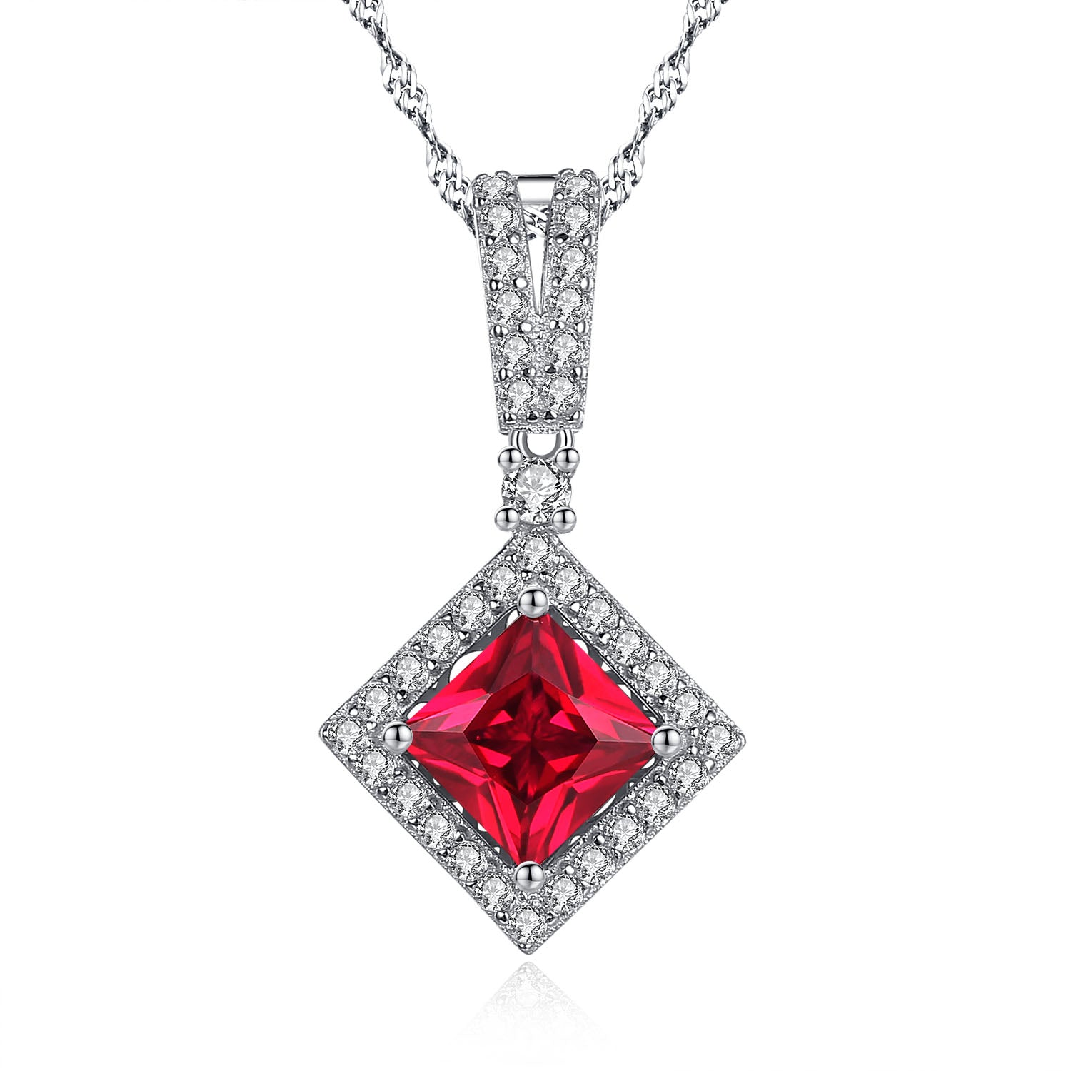Sterling Silver Princess Cut Simulated Emerald & Ruby Halo Pendant Necklace for Women - Elegant Jewelry Gift for Birthday, Anniversary & Special Occasions