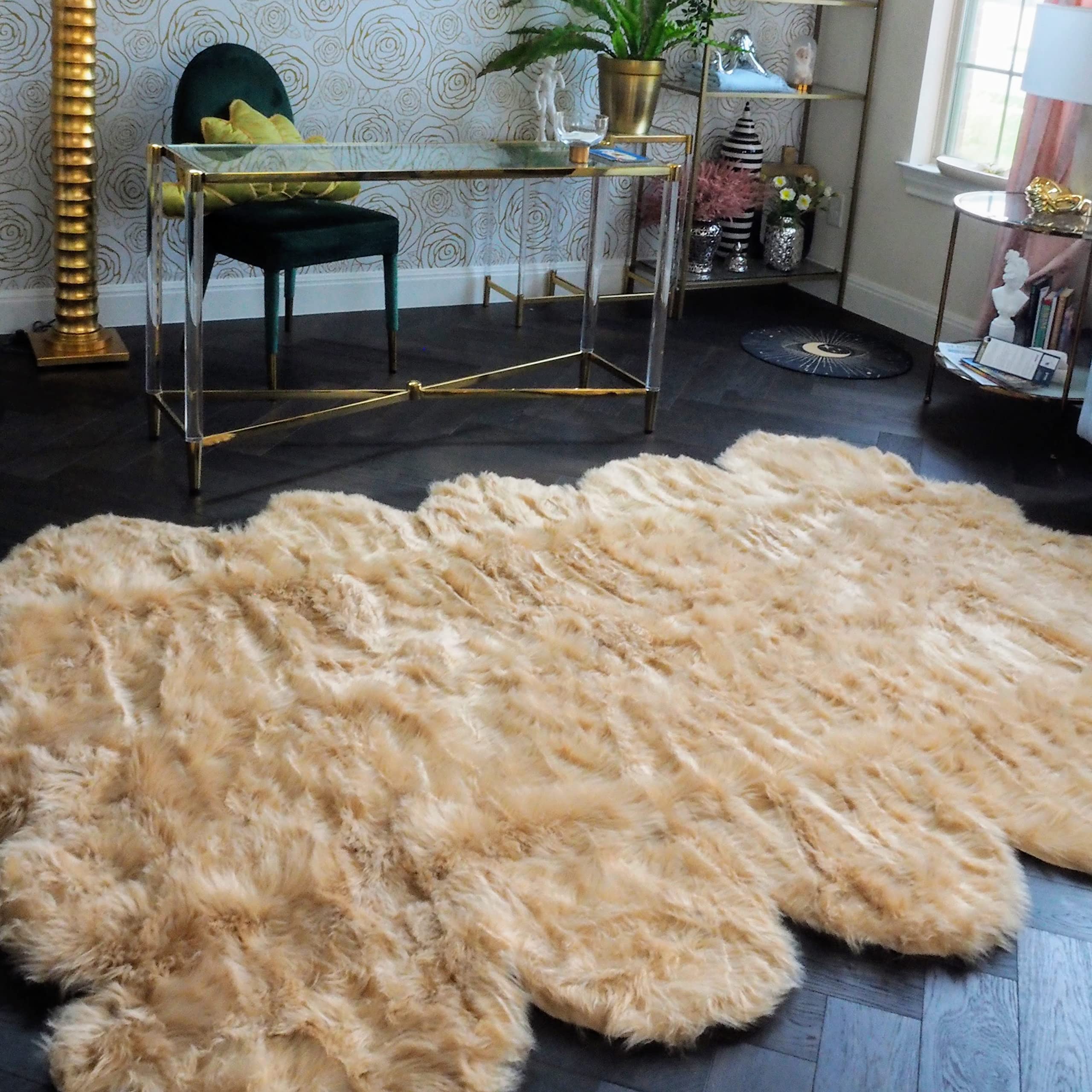 Maia Faux Fur Rug - 6x9 Feet Imitated Sheepskin, Machine Washable, Luxurious Champagne Shag Carpet for Bedroom, Living Room & Bathroom - Soft & Cozy Home Decor for Winter Warmth & Pet-Friendly Spaces