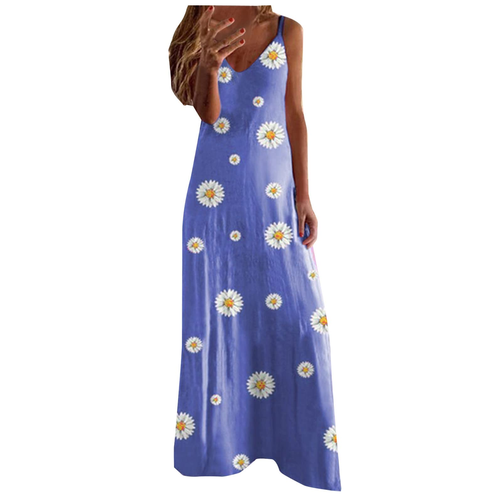 Sexy Spaghetti Strap Daisy Print Maxi Dress for Women - V Neck Loose Party Prom Dress, Casual Cocktail & Beach Vacation Outfit | Perfect for Summer Parties, Weddings & Tropical Getaways