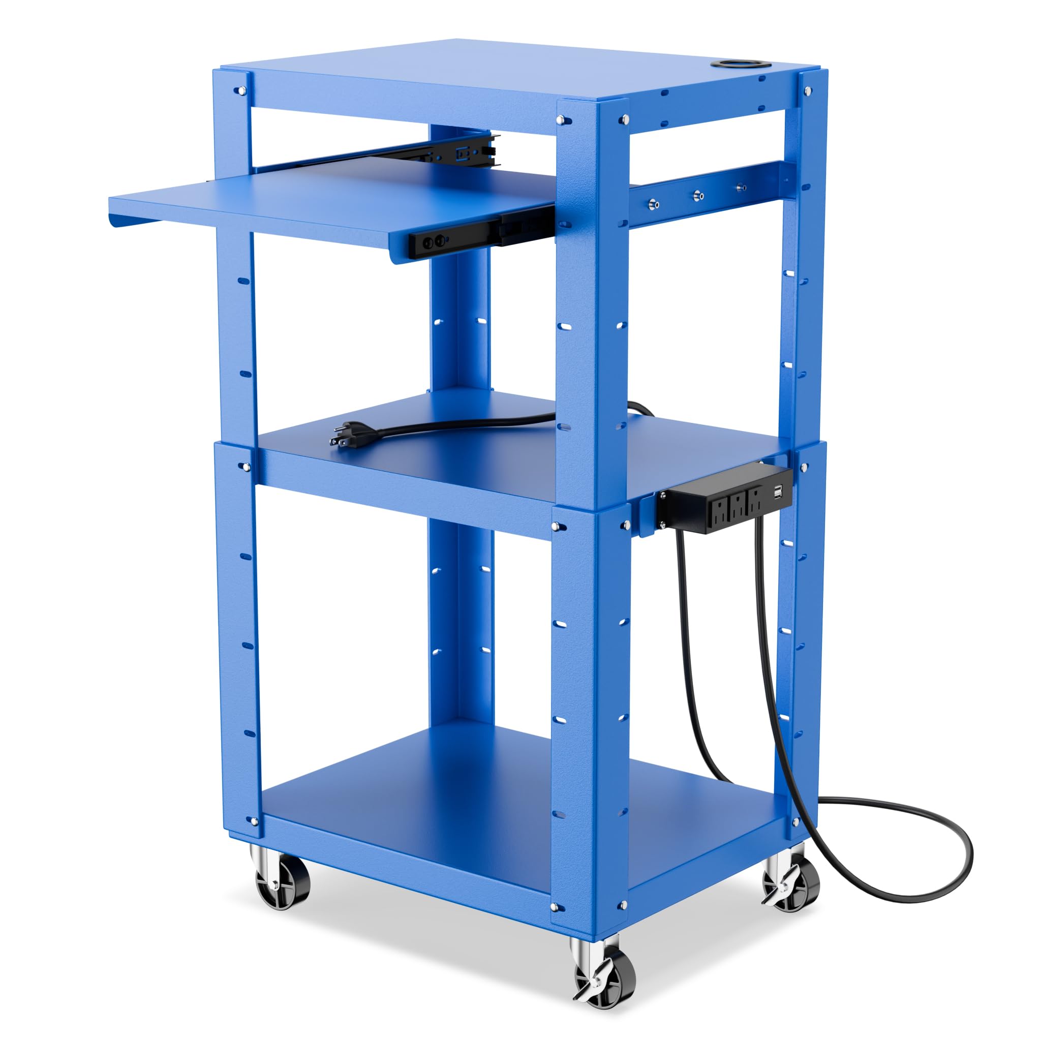 Rolling AV Presentation Cart Stand with Power Strip - Adjustable Shelves, 4 Casters & 16.5ft Cord - Mobile Media Cart for Classrooms, Offices & Events - 3 Outlets, Metal Construction (Blue)