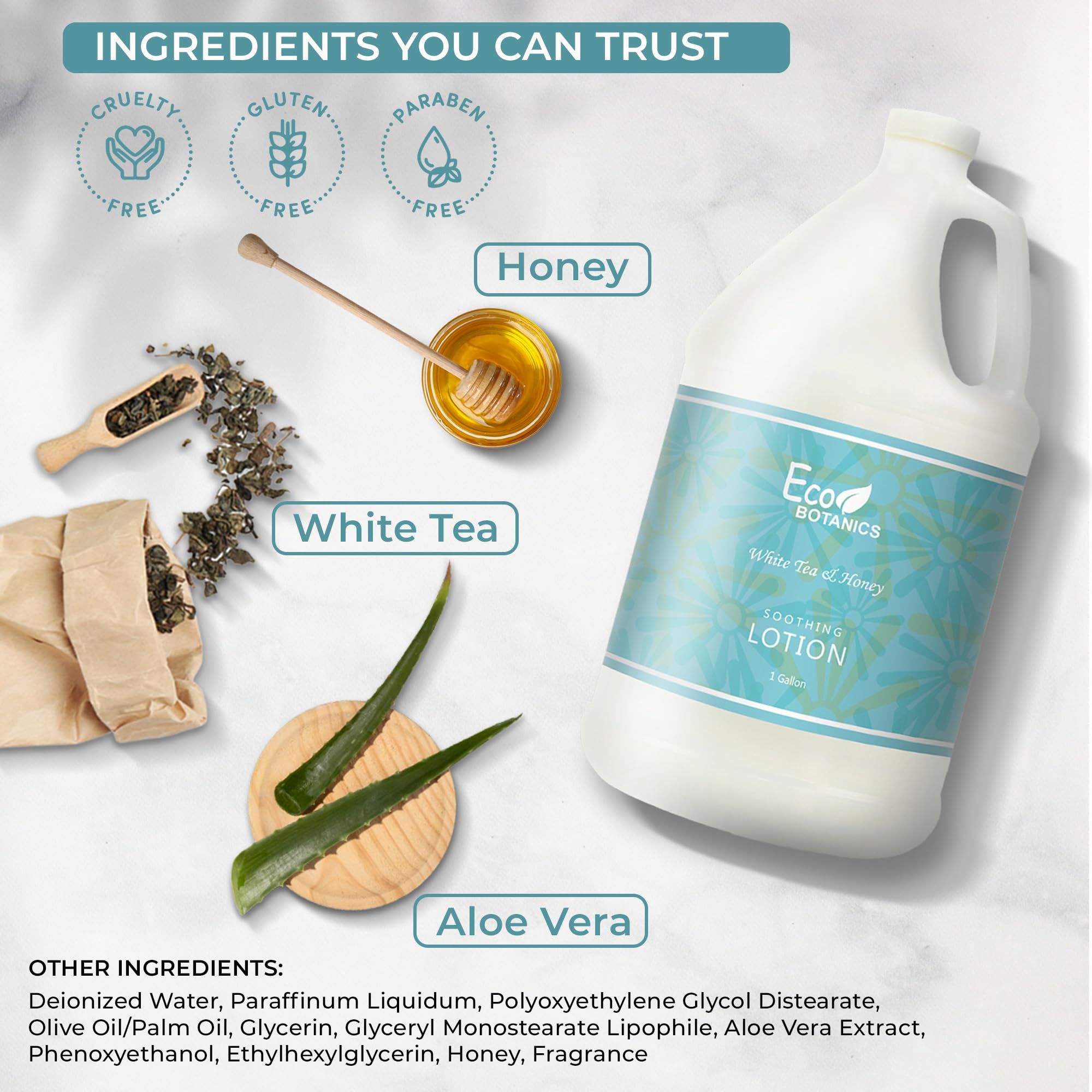 Terra Pure Eco Botanics Natural Lotion with Raw Honey & White Tea - 1 Gallon Bulk Refill for Soap Dispensers | Moisturizing Body Lotion for Airbnb, Vacation Rentals, Home & Spa Use | Set of 4 Jugs | Organic Skincare for Dry Hands & Body