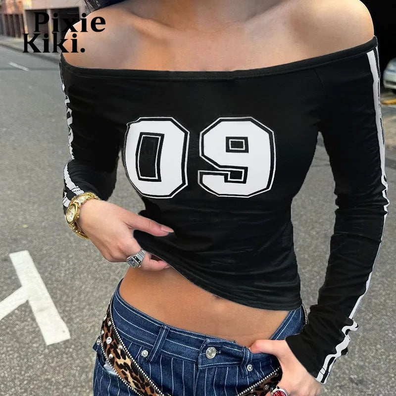 Y2K Black Cropped Tee for Women - Off Shoulder Striped Long Sleeve T-Shirt | Fall Streetwear Fashion Top | Perfect for Parties, Concerts & Casual Outfits