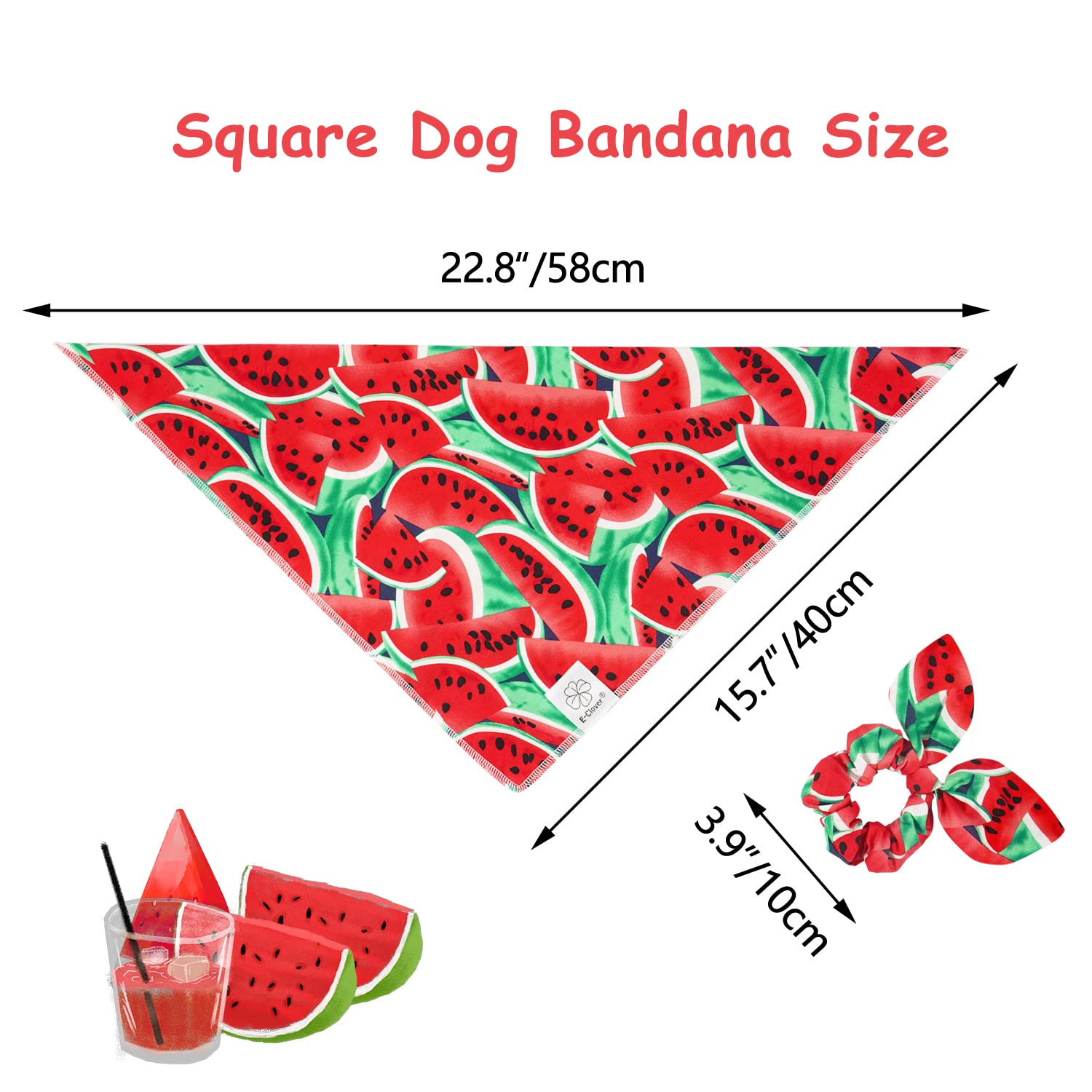 E-Clover Summer Dog Bandanas & Matching Scrunchie Set - Washable Dog Bandana Bibs & Kerchief Scarf for Small Dogs & Puppies - Watermelon Print - Perfect for Pet Outings, Photo Shoots & Matching with Owner
