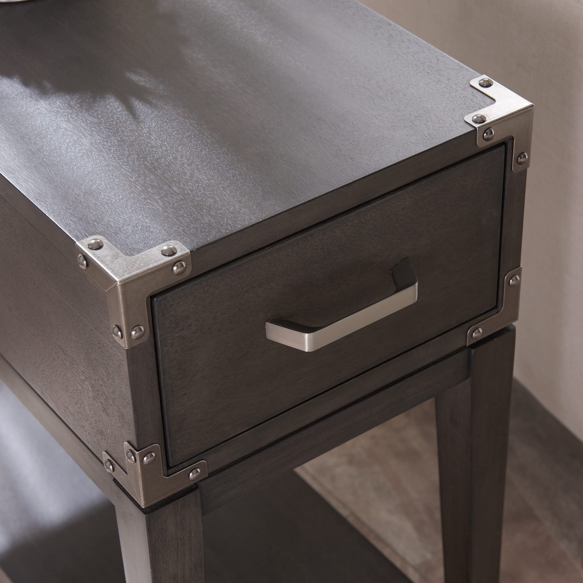Leick Home Beckett Rustic Side Table with Drawer & Lower Shelf - Nightstand for Living Room, Bedroom - Anthracite/Pewter Finish - Perfect for Small Spaces & Home Decor