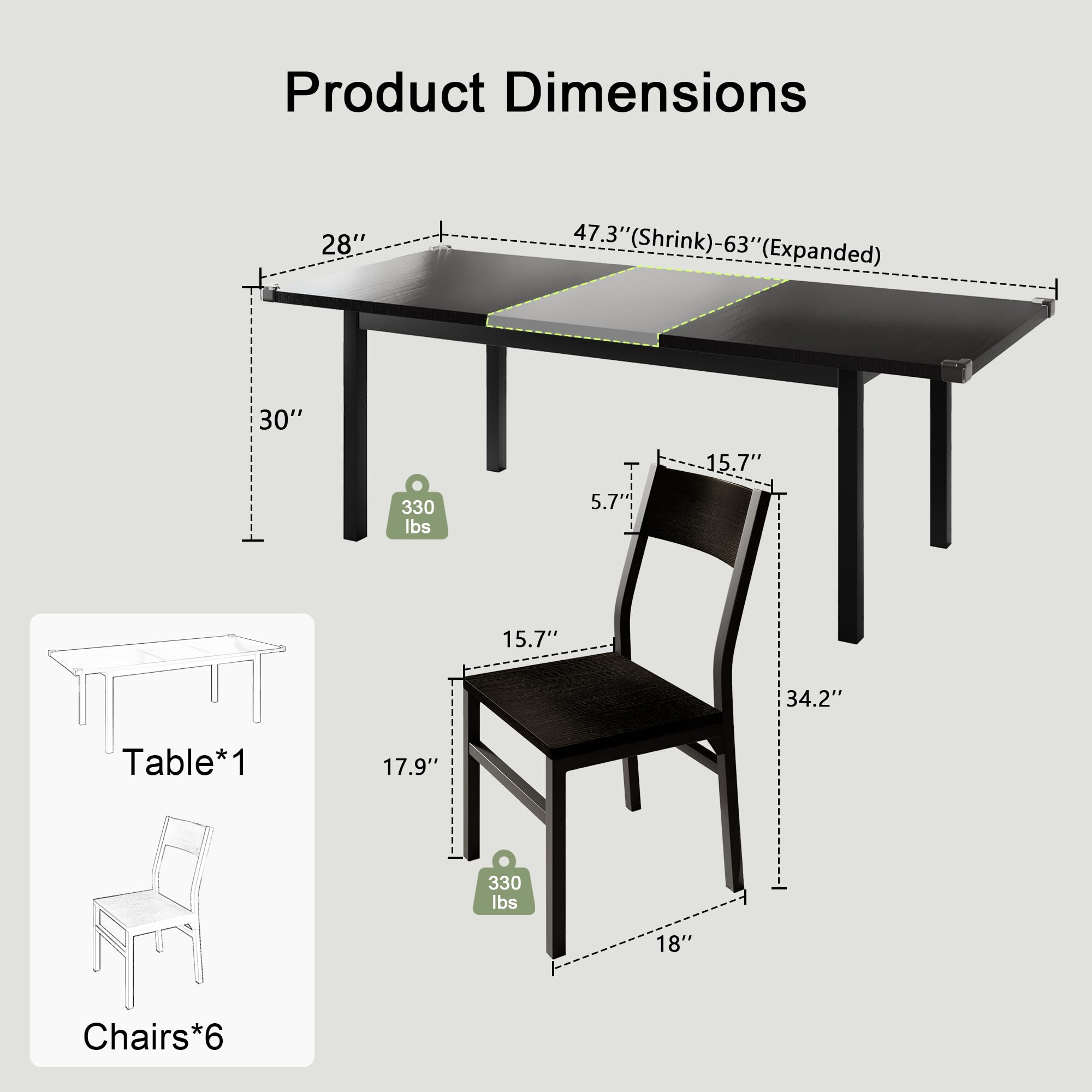 Feonase 63 Inch Extendable Dining Table Set with 6 Chairs - 7-Piece Mid-Century Modern Kitchen Table for Small Spaces, Heavy Duty Metal Frame in Black | Perfect for Apartments, Breakfast Nooks & Compact Dining Areas