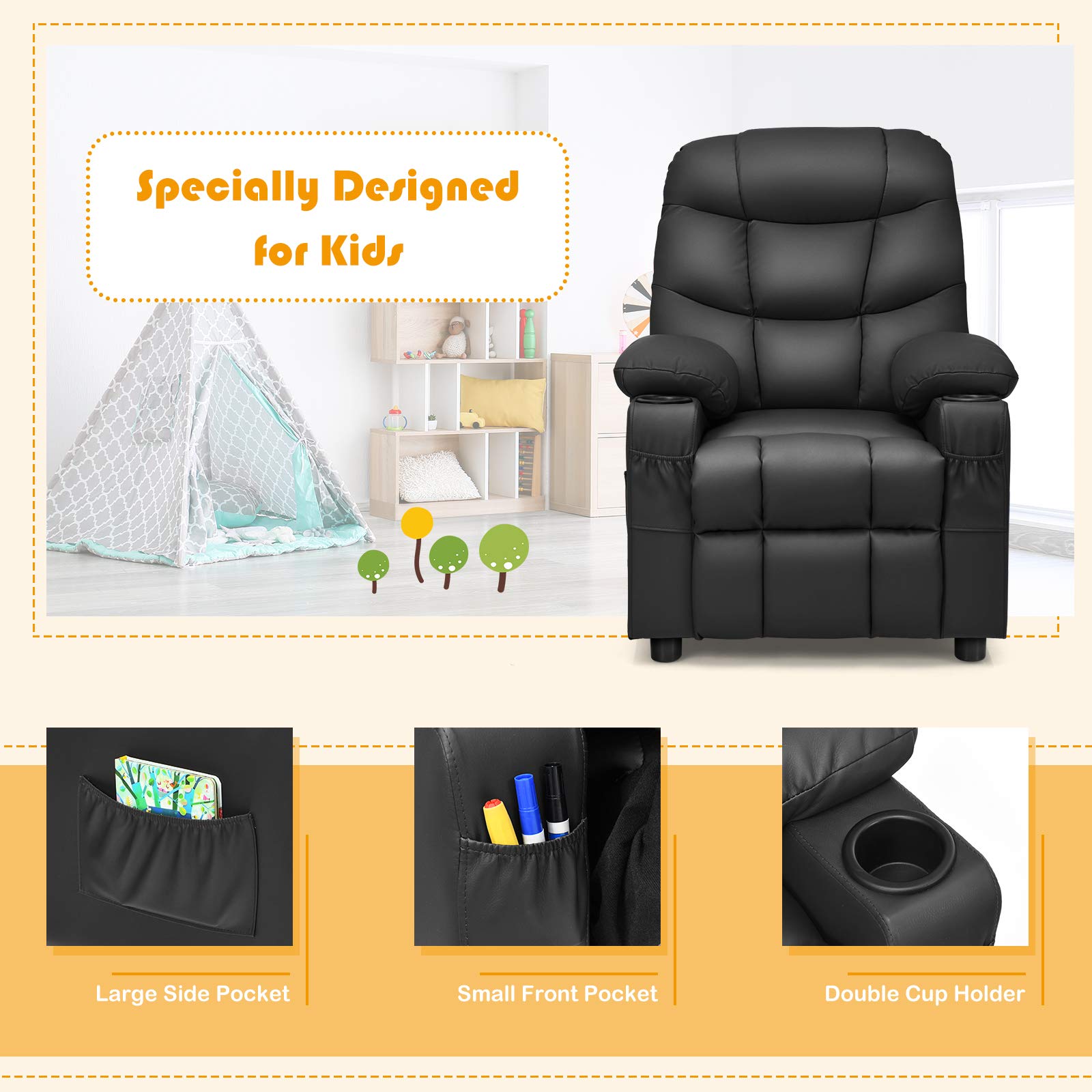 MAT EXPERT Kids Recliner - Adjustable Leather Gaming & Reading Chair for Boys & Girls with 2 Cup Holders, 3 Side Pockets & Footrest - Toddler Lounge Chair for Playroom, Nursery or Kids Bedroom (Black) - Perfect for Relaxing, Gaming, Reading & Watching TV