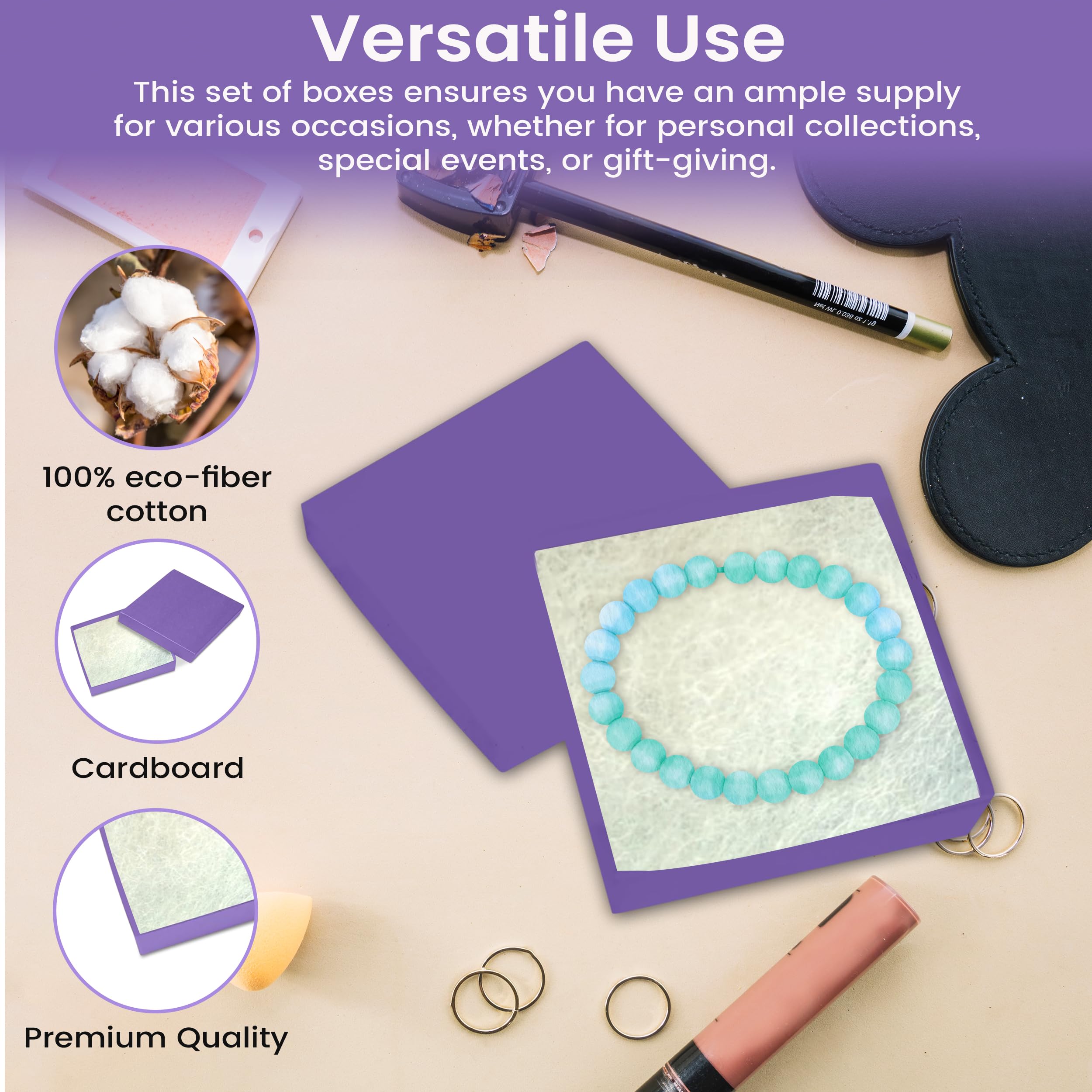 100 Pack Purple Jewelry Gift Boxes 3.5x3.5x0.87 Inches with Cotton Filling | Premium Cardboard Jewelry Storage Box with Lid | Made in USA | Perfect for Bracelets, Necklaces, Rings & Earrings | Great for Gifting, Retail Display & Organizing Jewelry Collections