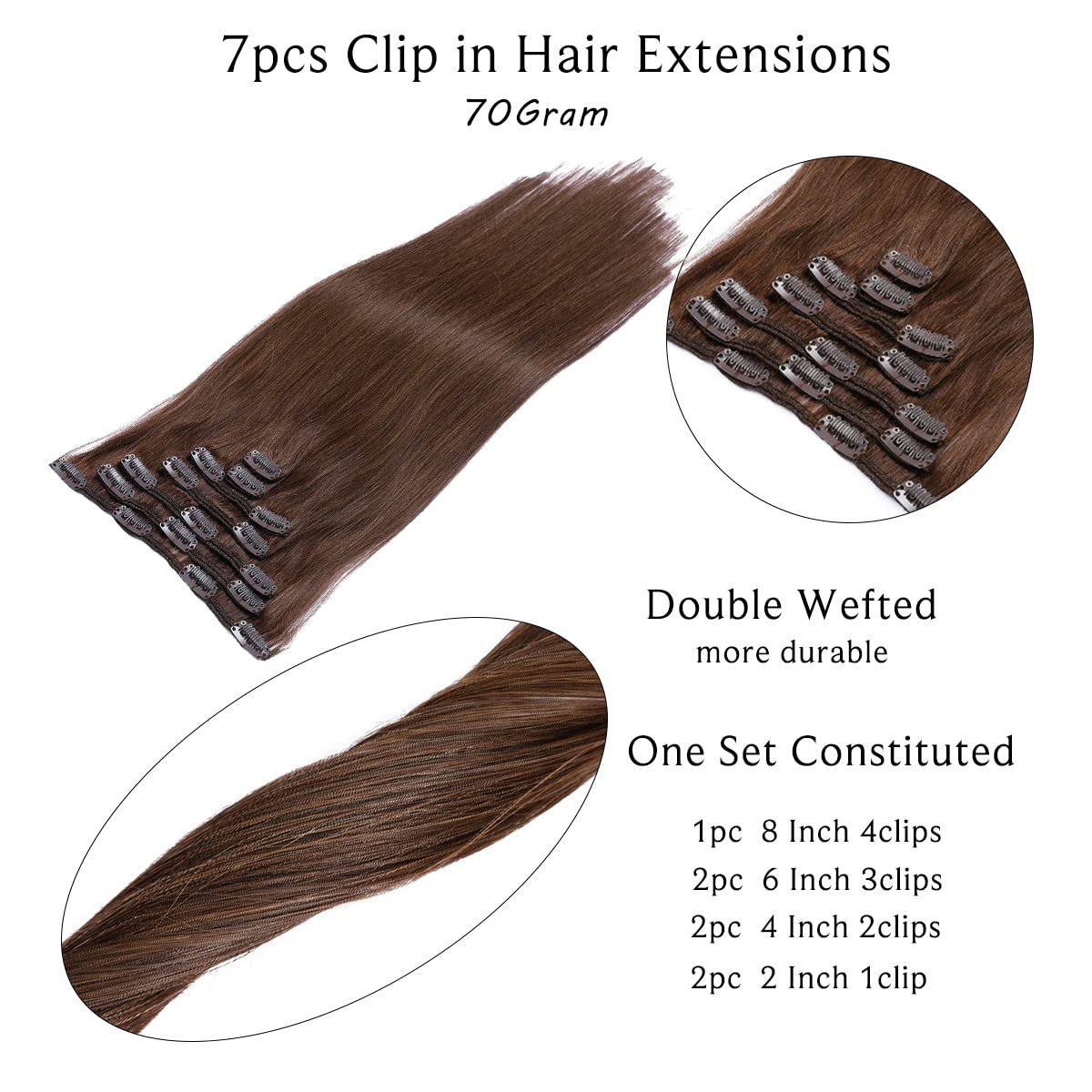 Clip-in Human Hair Extensions 20 Inch - 2 Sets Chocolate Brown Remy Hair (7 Pieces, 70g Double Weft Straight) for Women | Perfect for Volume Boost, Length Extension & Everyday Styling